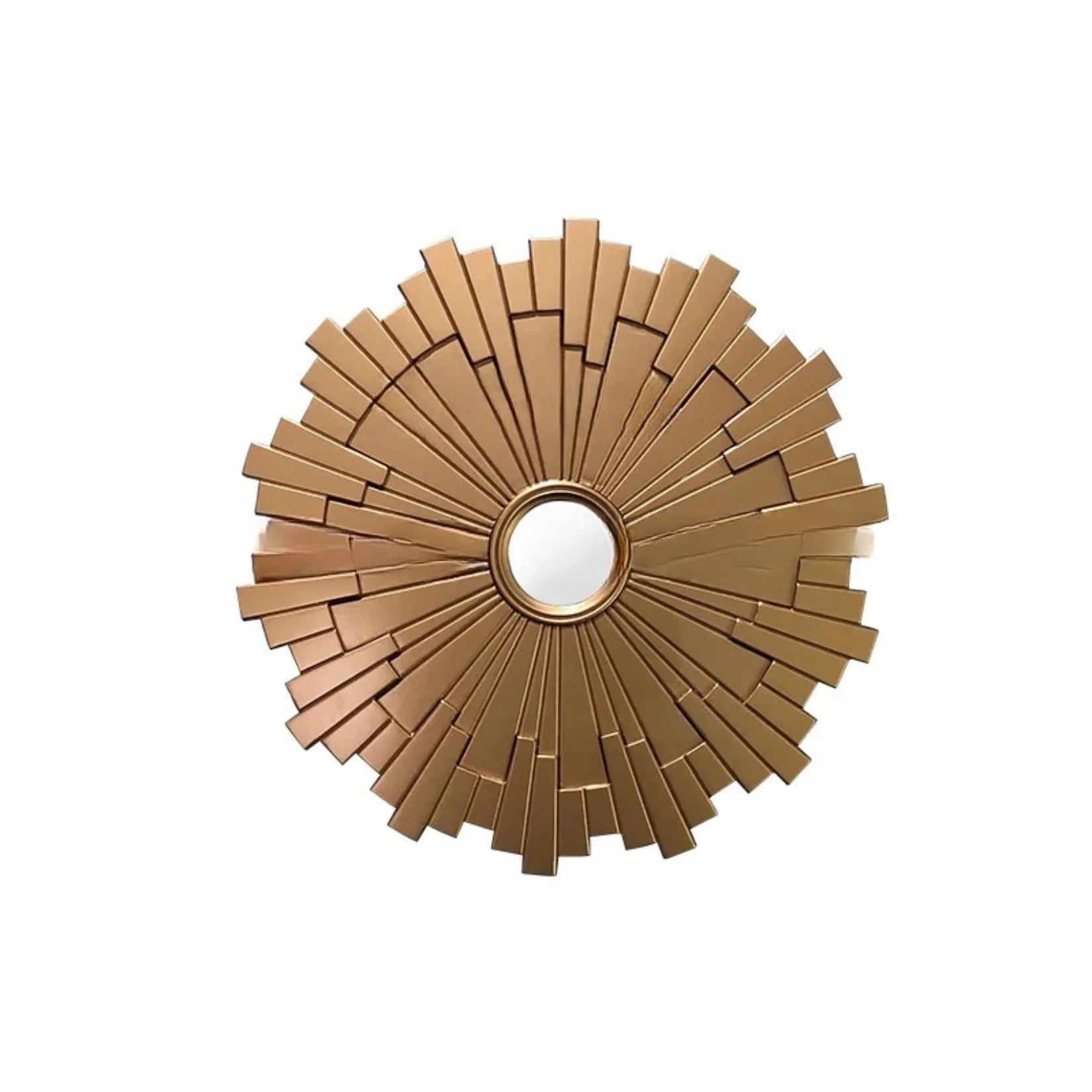 Miroir Art Déco sunburst doré sur fond blanc.