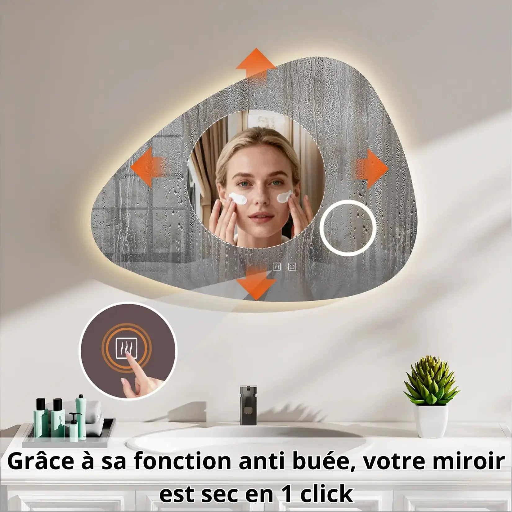 Fonction antibuée miroir asymétrique salle de bain avec déshumidification activation tactile.