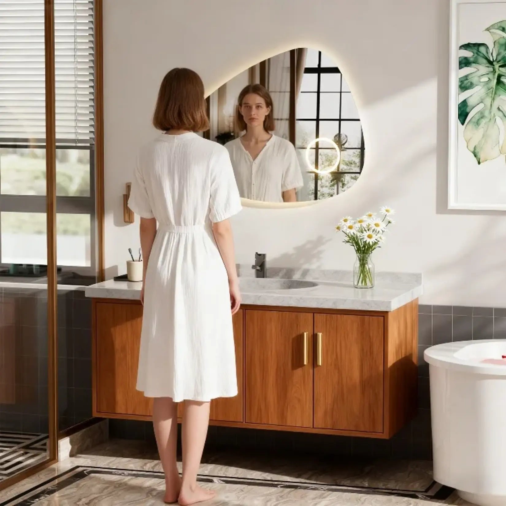 Miroir asymétrique salle de bain forme organique design moderne dans décoration contemporaine.