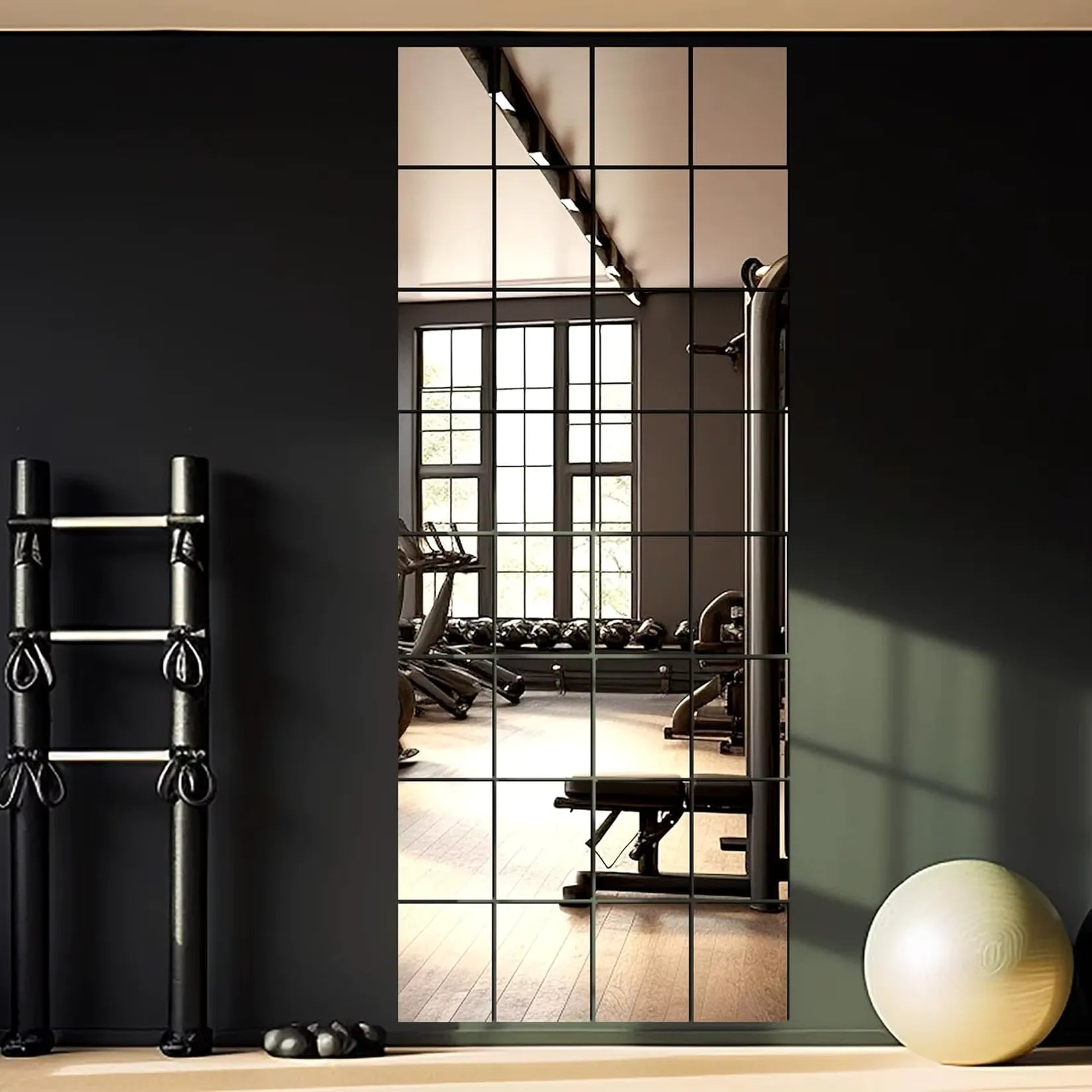 Miroir autocollant carreaux 30x30 cm assemblage vertical salle de sport.