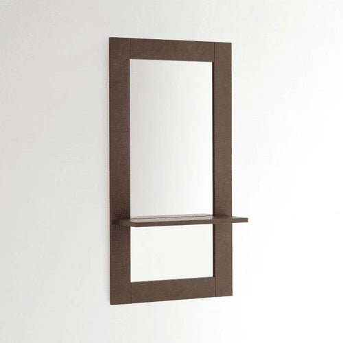 Miroir mural rectangulaire avec étagère intégrée en MDF, parfait pour un intérieur minimaliste ou industriel.