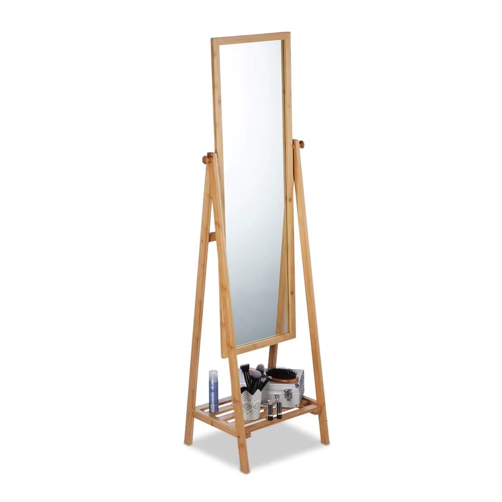 Miroir Bambou sur pied avec étagère de rangement cosmétiques.