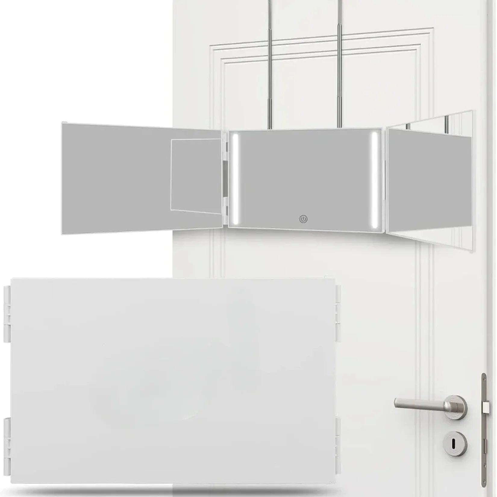 Miroir barbier LED blanc triptyque accroché sur porte.