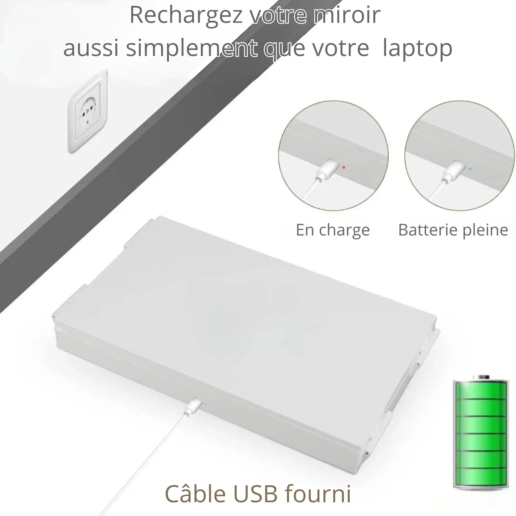 Miroir barbier LED rechargeable avec câble USB fourni.