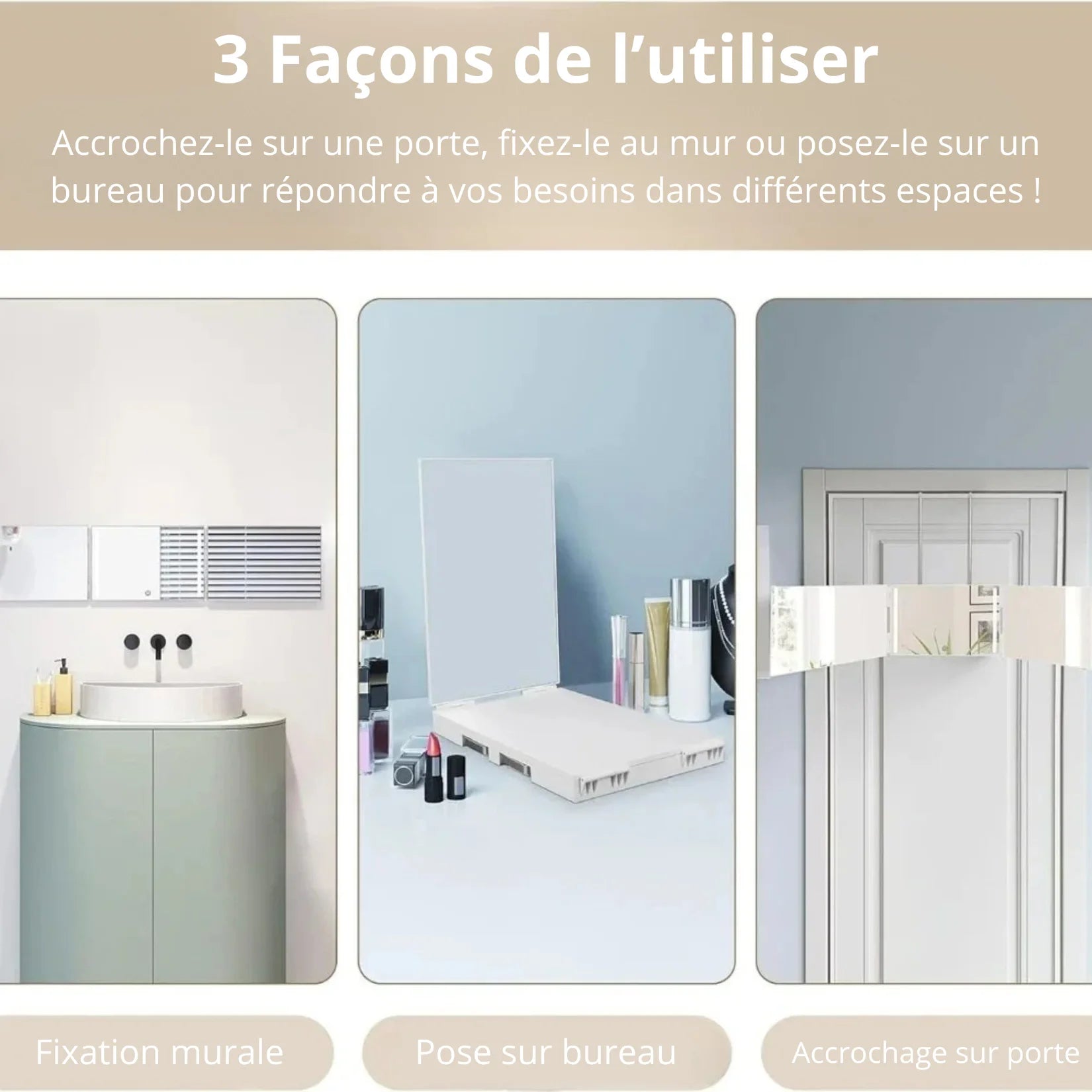 Miroir barbier LED fixation murale bureau et porte.