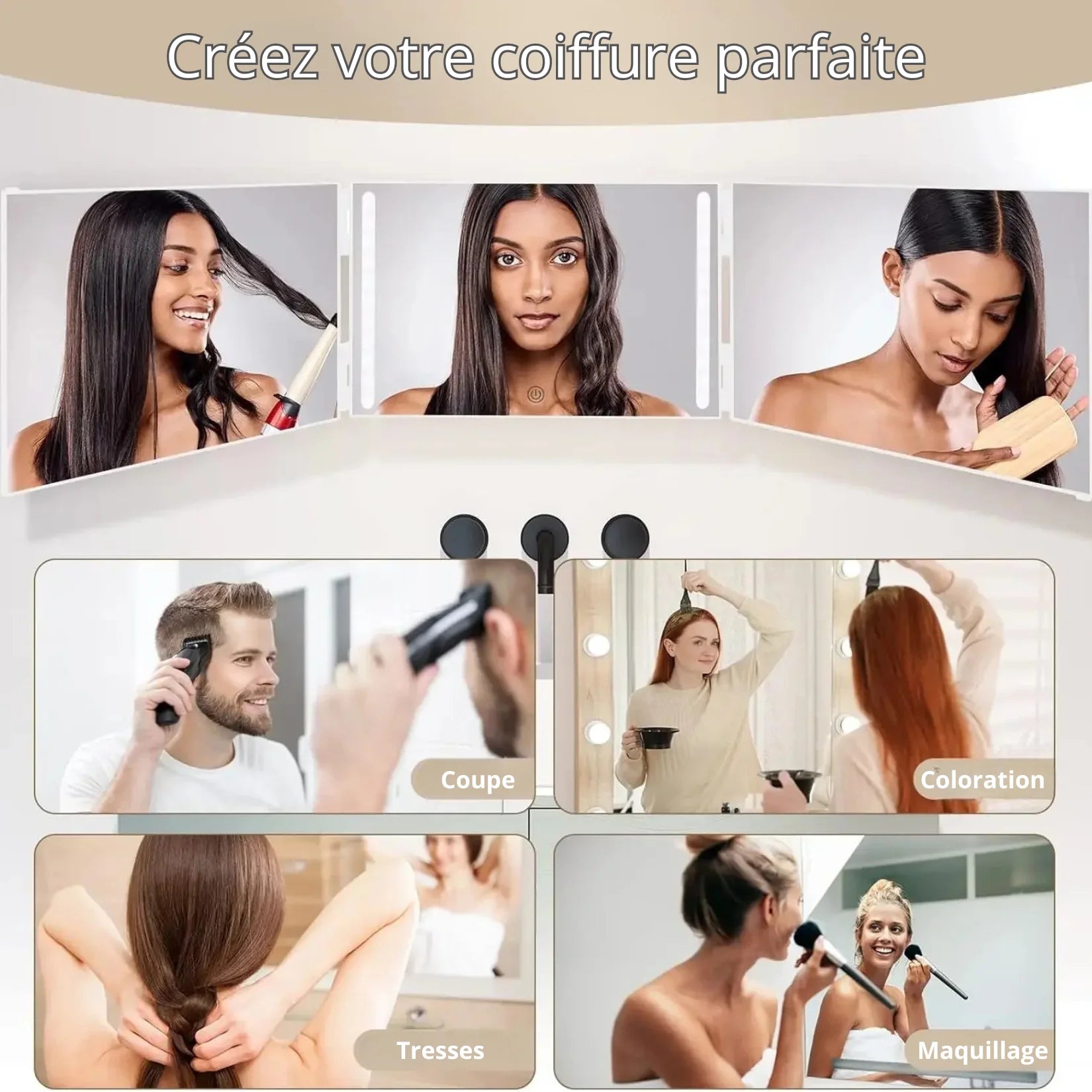 Miroir barbier LED pour coupe coloration tresses maquillage.