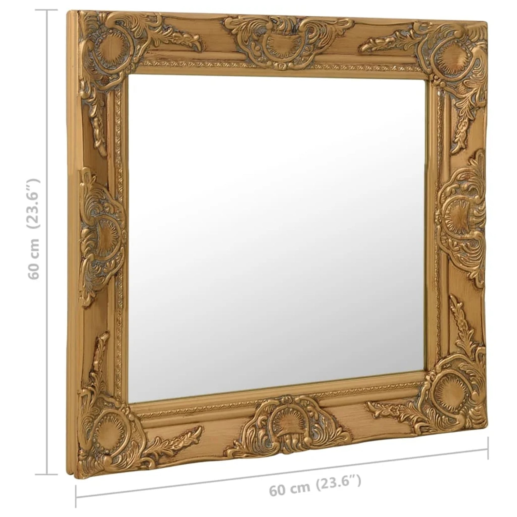 Dimensions du miroir baroque : 60x60 cm, proportions équilibrées et cadre richement orné.