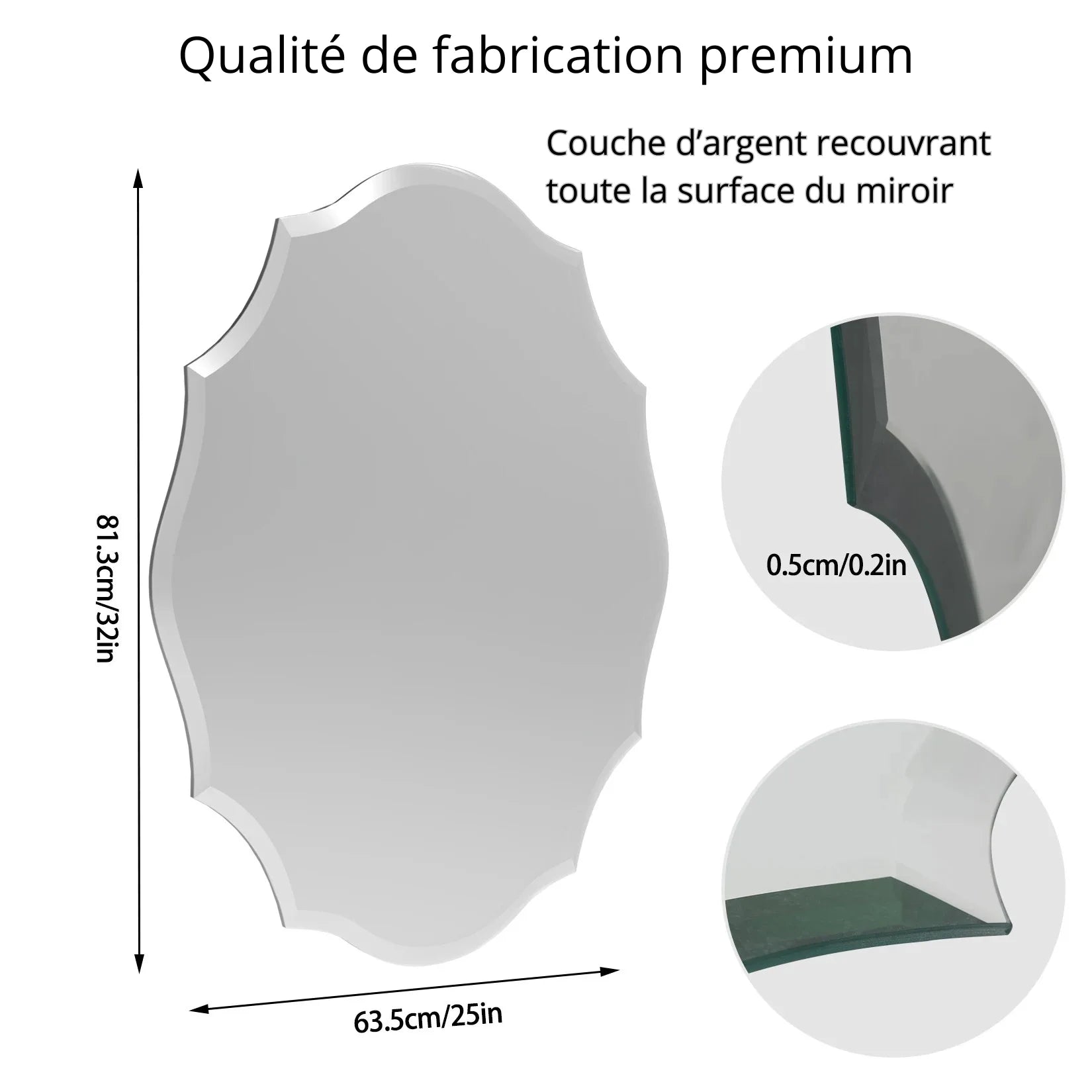 Miroir biseauté 64x81 dimensions épaisseur.