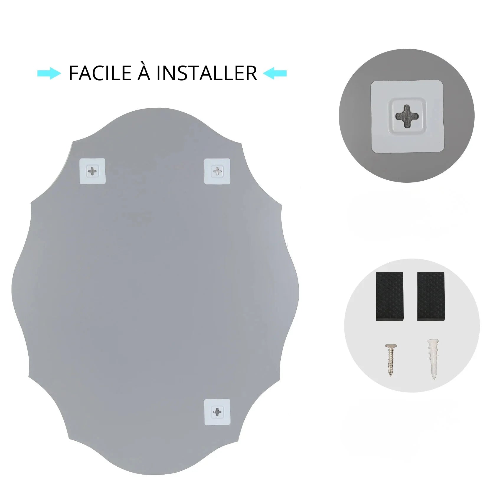 Miroir biseauté dos fixation murale 4 points.