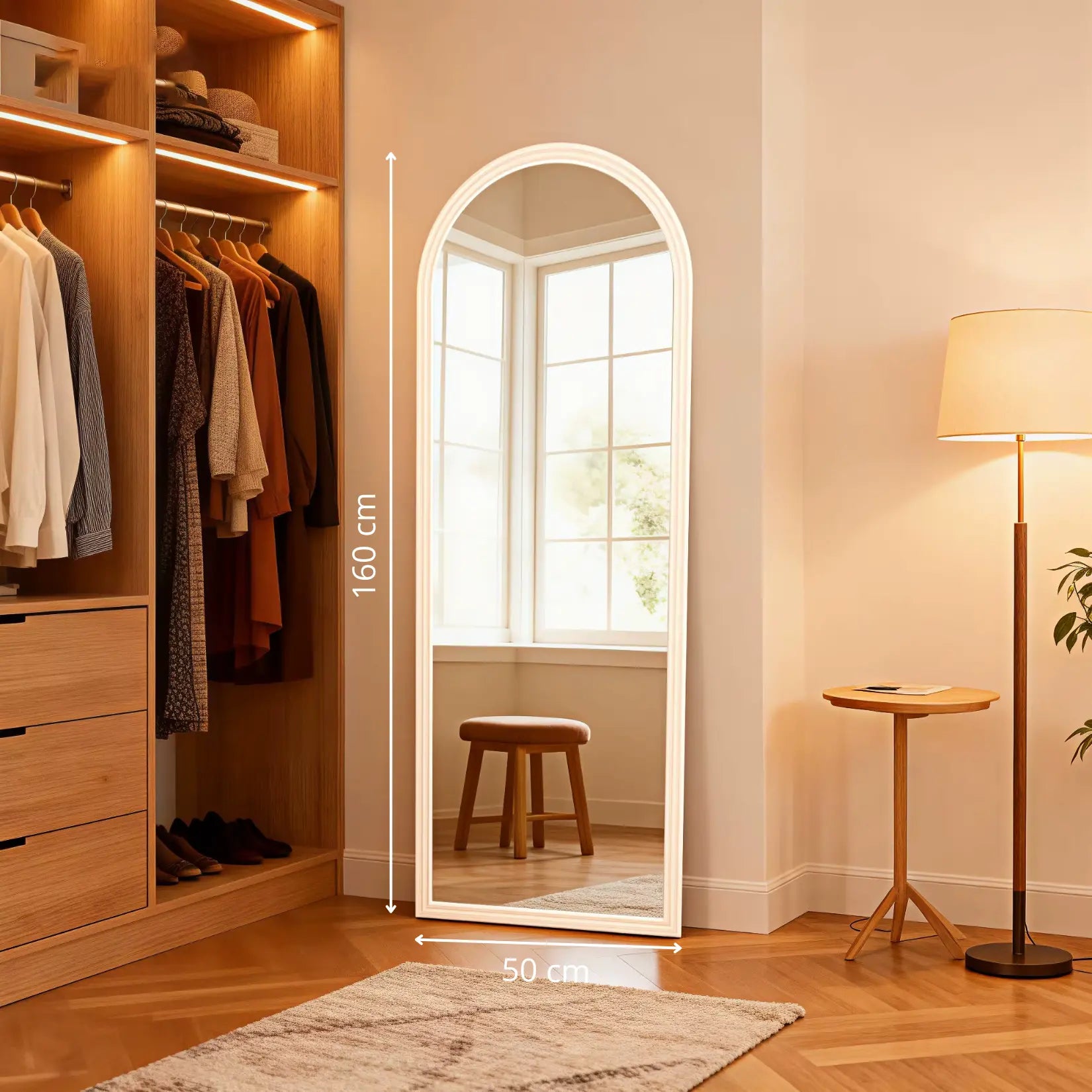 Miroir blanc arche 160x50 cm avec annotations dimensions et cadre bois blanc épais.