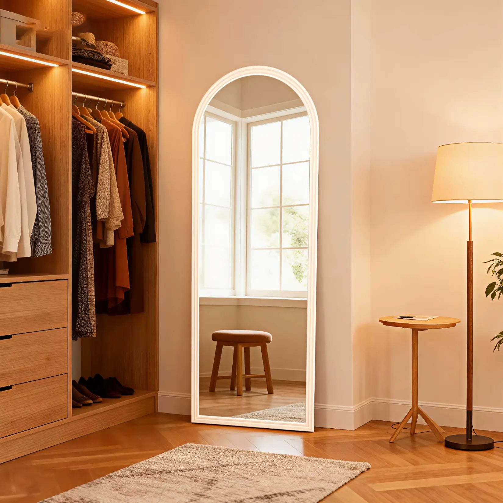 Miroir blanc arche 160x50 cm pleine longueur installé dans dressing avec cadre bois style scandinave.