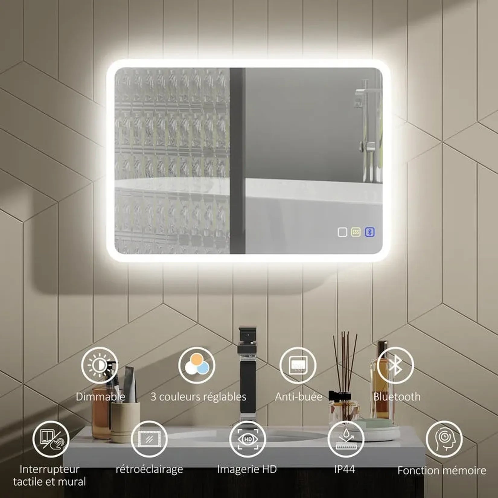 Miroir Bluetooth LED avec fonctions dimmable et anti-buée.