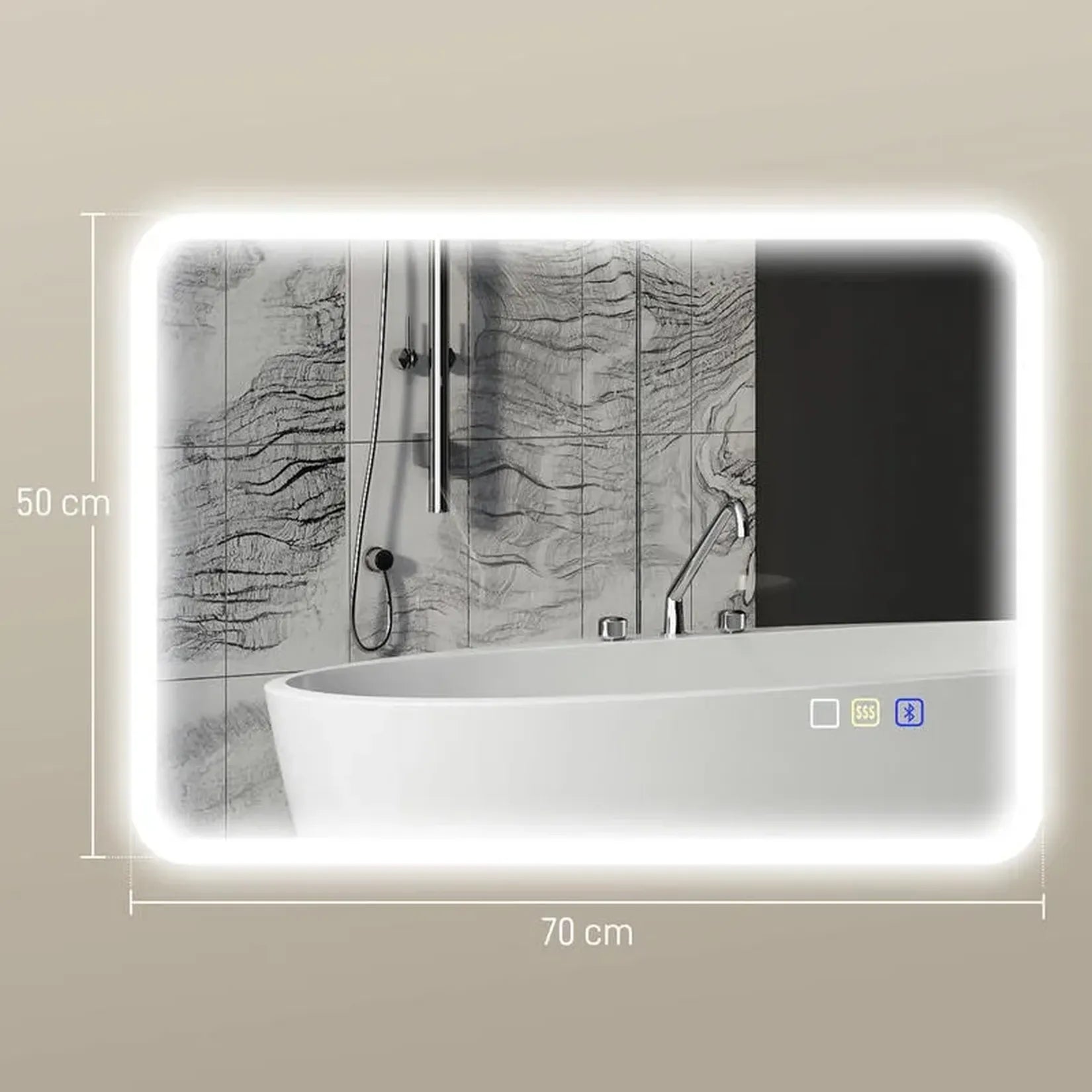 Miroir Bluetooth salle de bain 50x70 cm – dimensions.