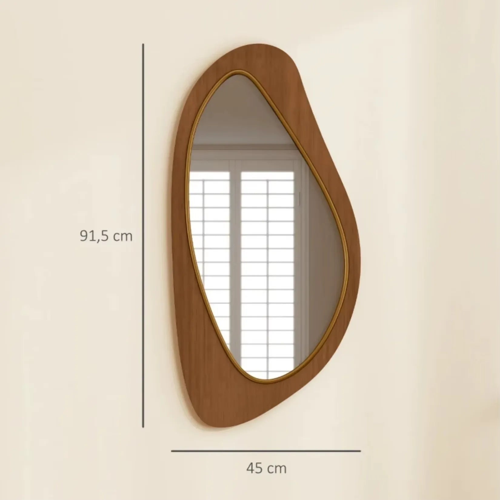 Dimensions miroir bois organique 45 x 91,5 cm avec filet laiton doré.
