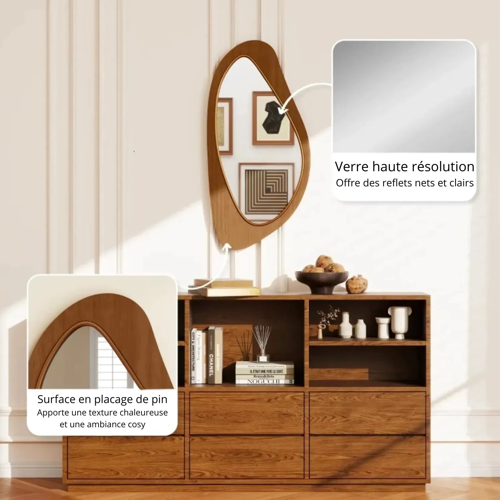 Détail placage de pin et verre haute définition du miroir bois organique.