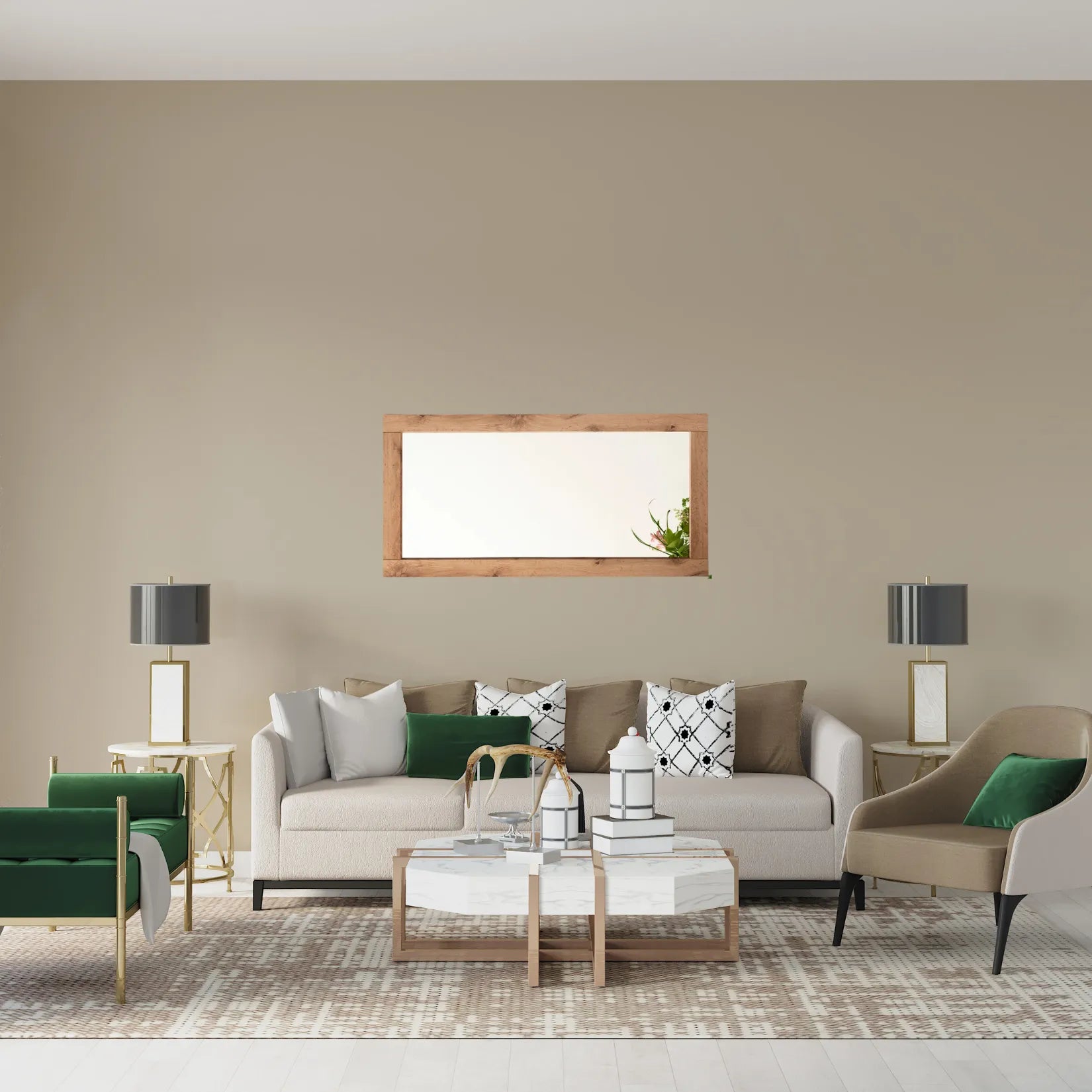 Miroir bois horizontal dans un salon aux tons beiges avec décoration moderne.