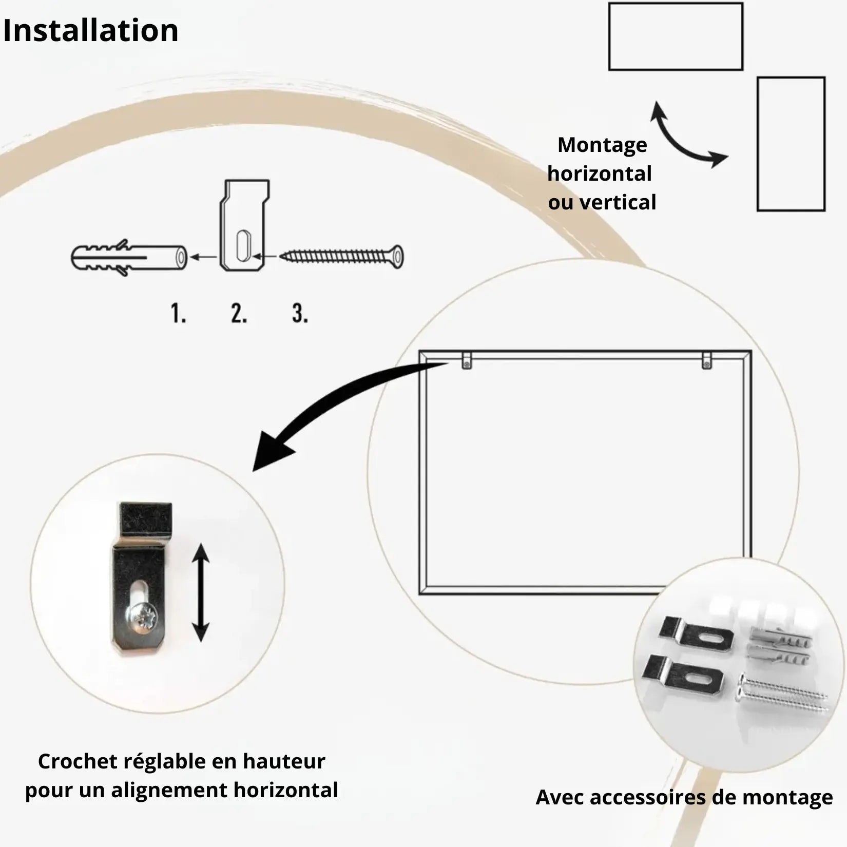 Schéma d’installation du miroir bois rectangulaire en position verticale ou horizontale.