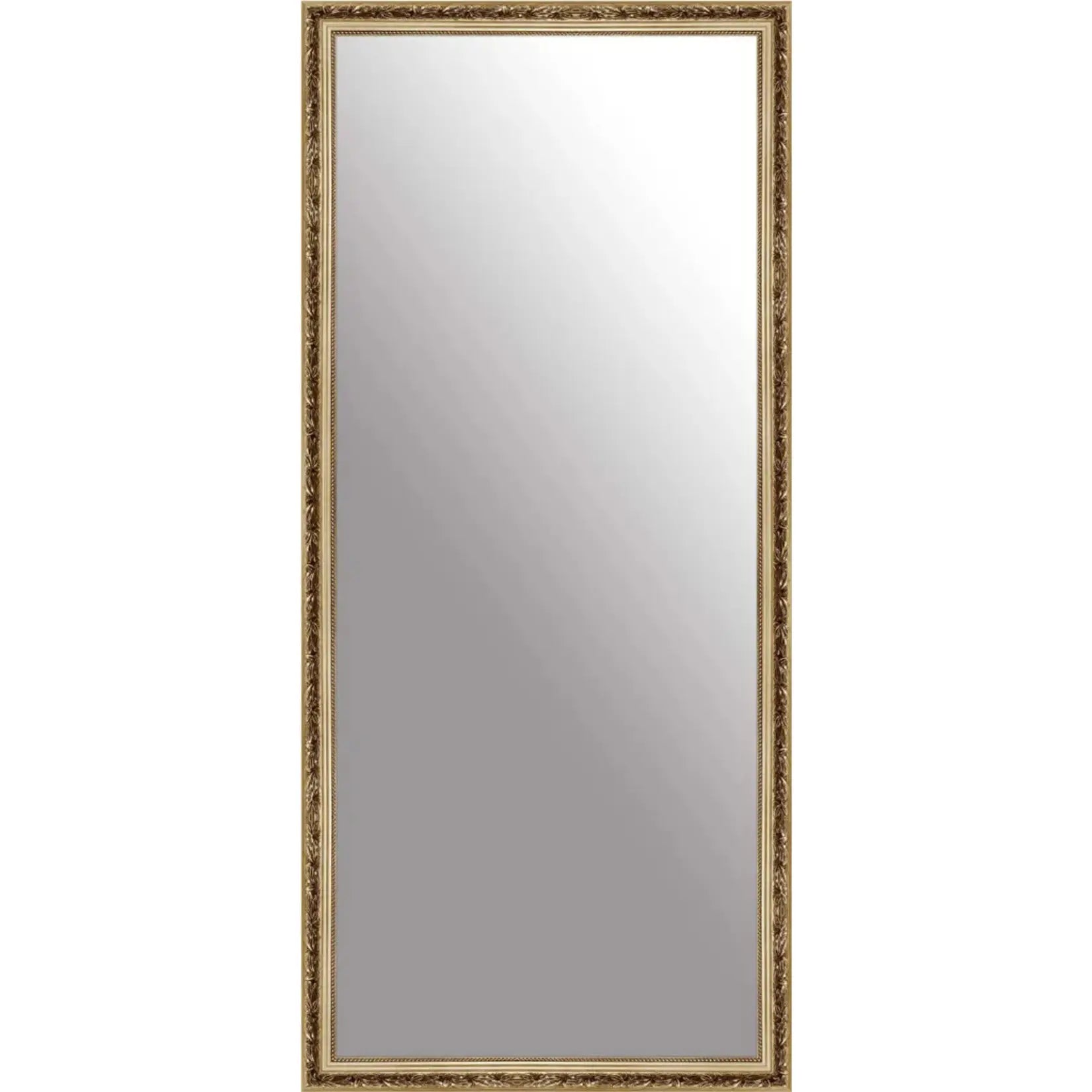 Vue de face d’un miroir bois rectangulaire doré avec cadre baroque sculpté.