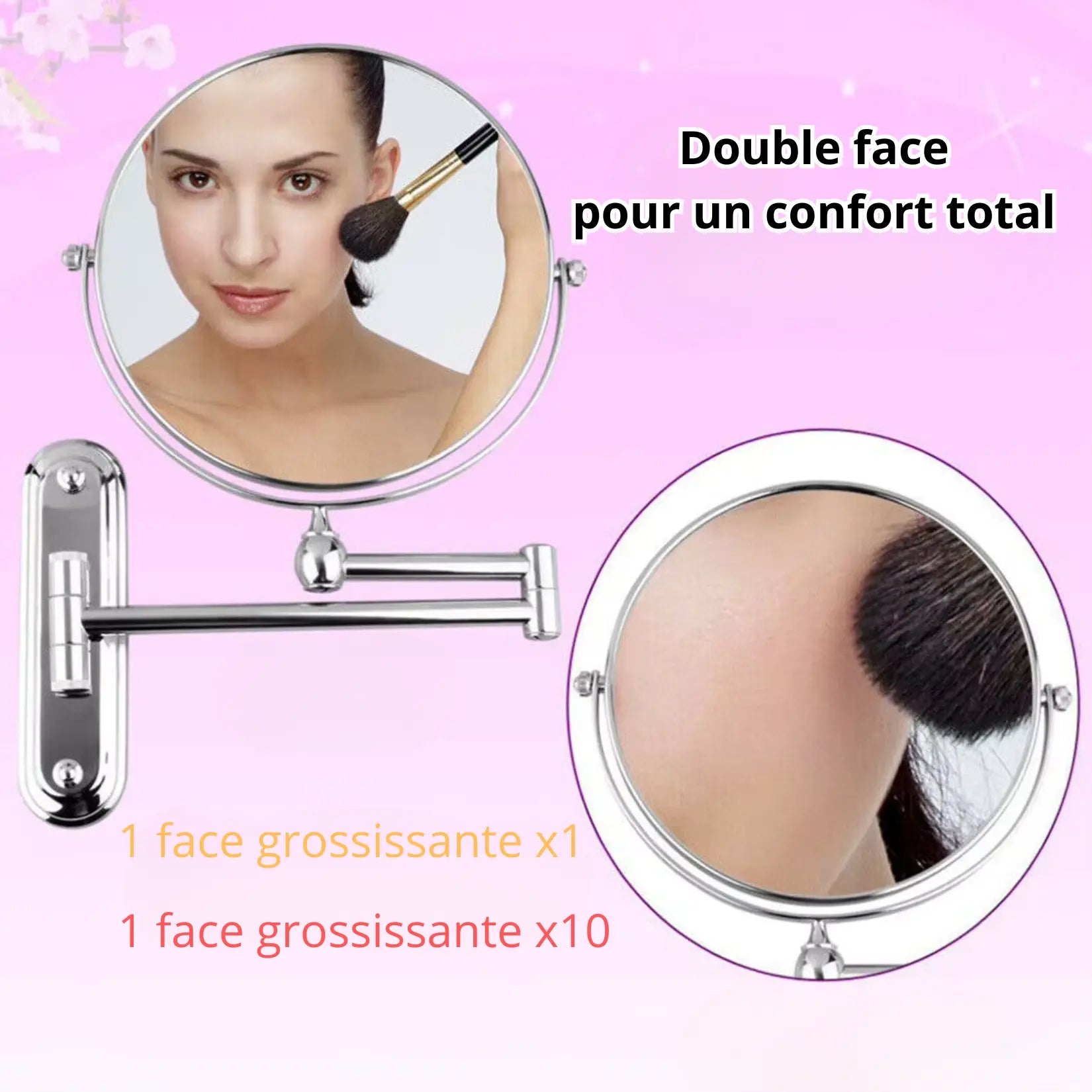 Miroir mural bras articulé avec double face grossissante x1 et x10.