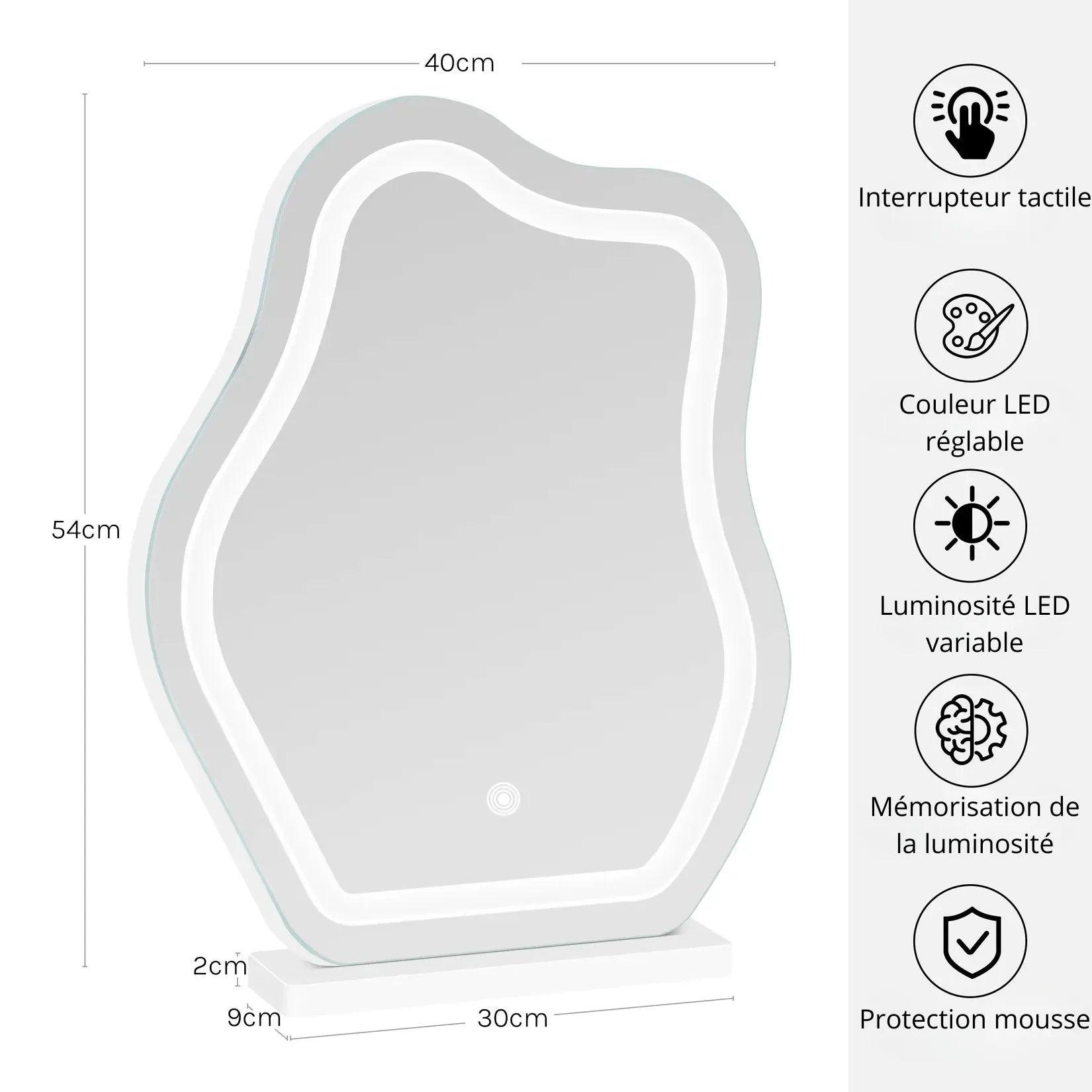 Miroir Bureau LED Nuage – dimensions 40x54 cm, socle 30 cm, interrupteur tactile.