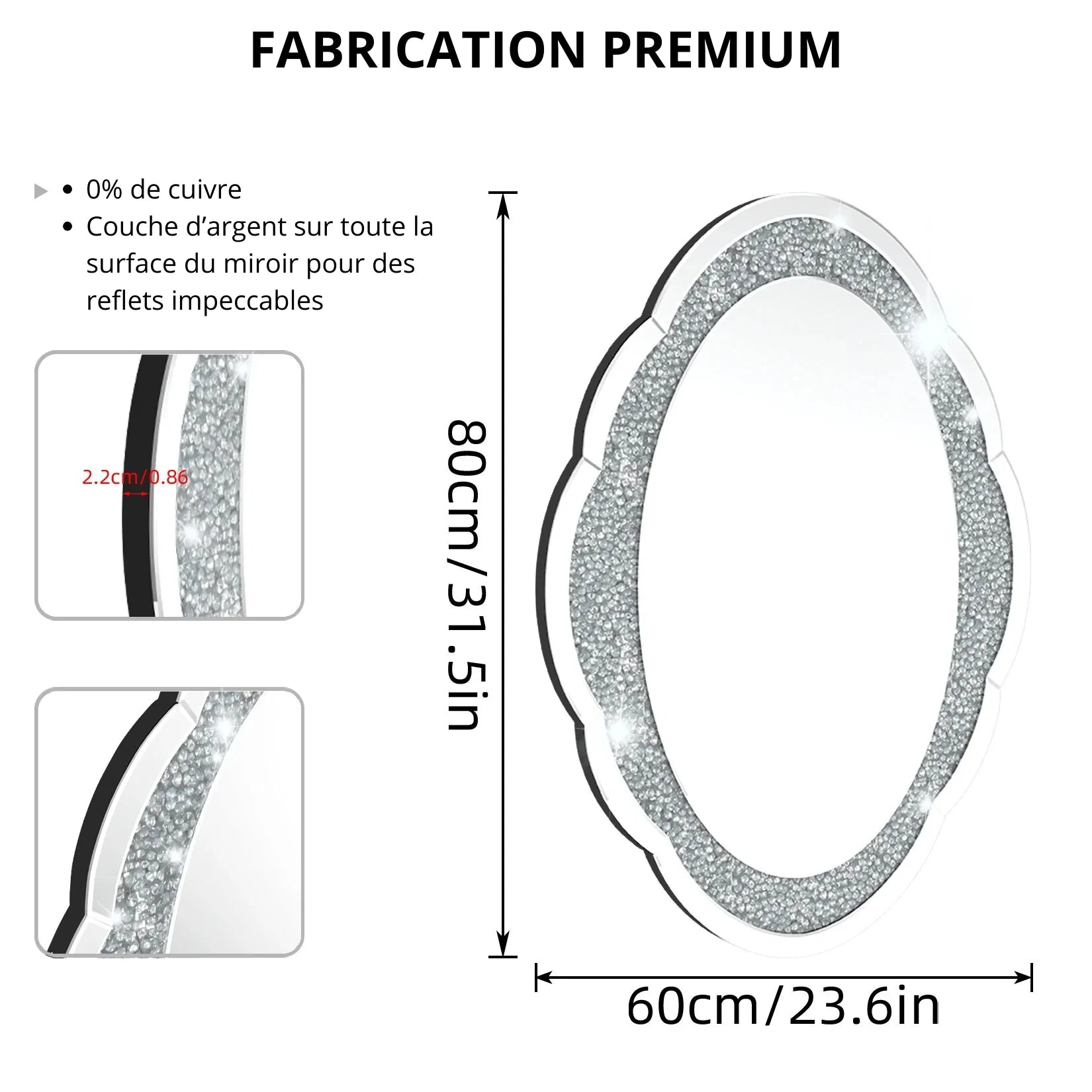Miroir cadre 60x80 cristaux dimensions détails.