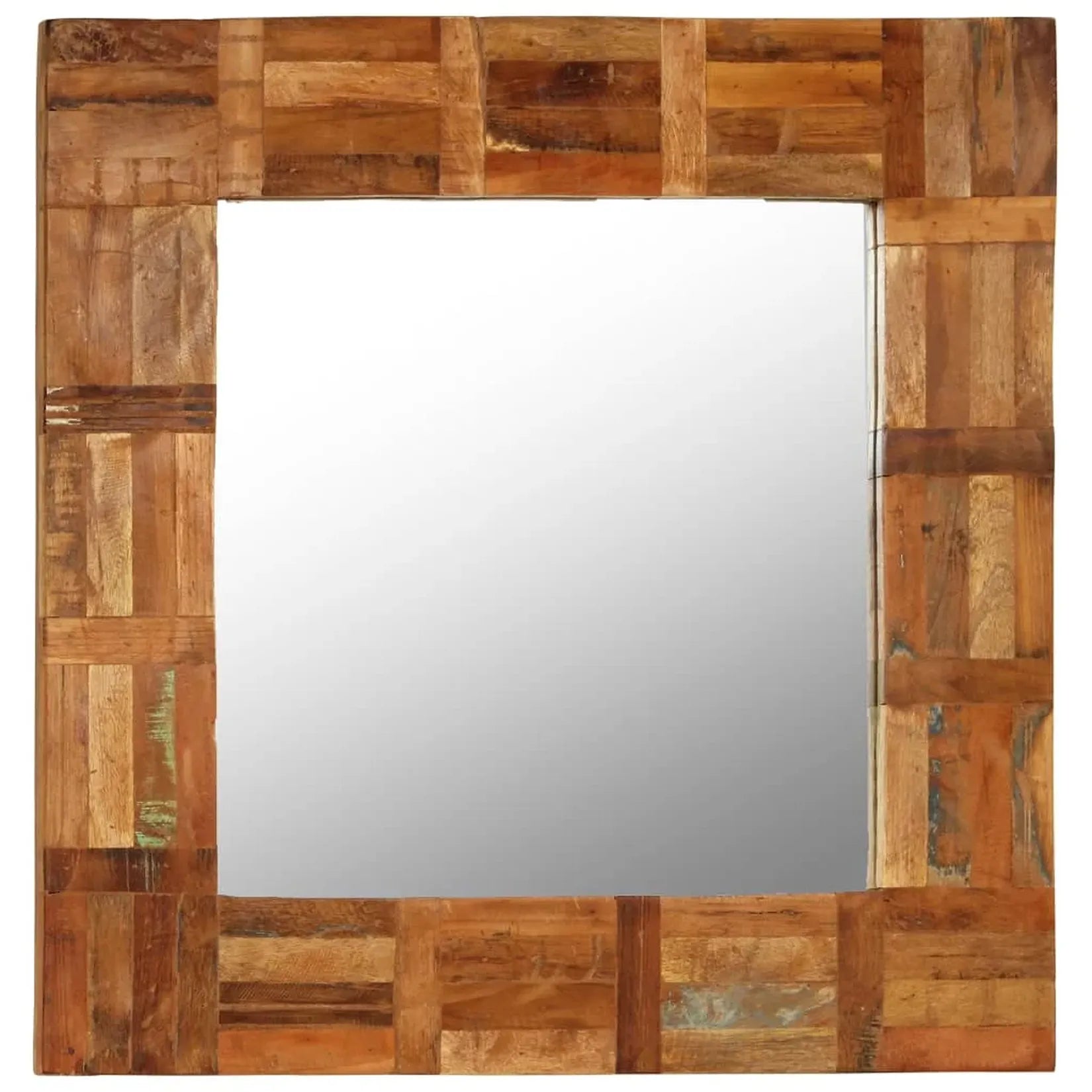 Miroir Cadre Bois Recyclé 60x60 cm vue de face blocs multitonalités.