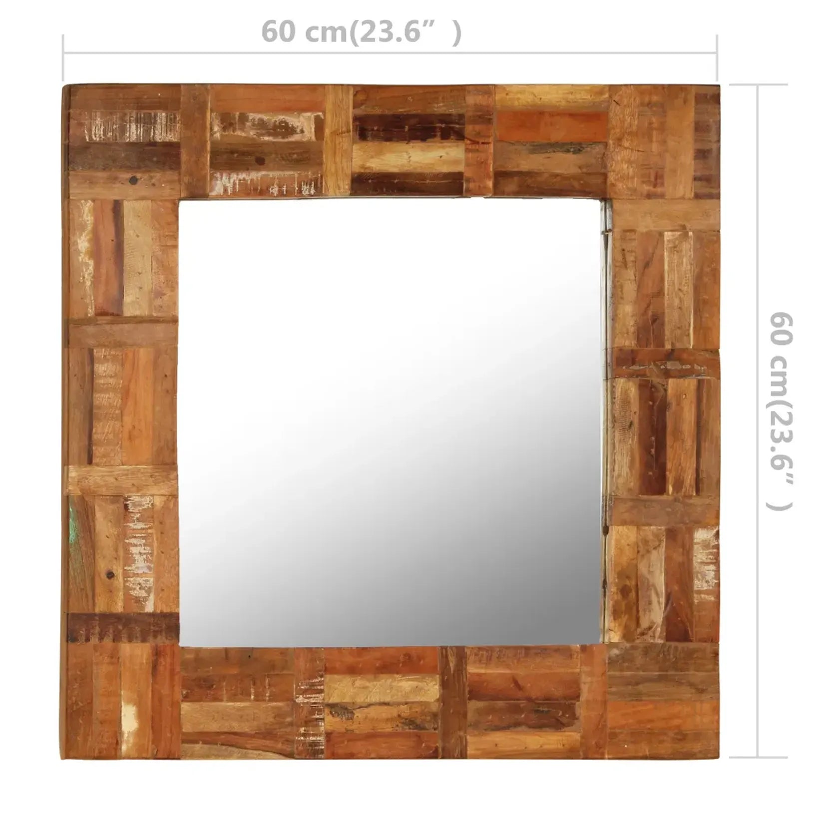 Miroir Cadre Bois Recyclé 60x60 cm patchwork blocs dimensions schéma.