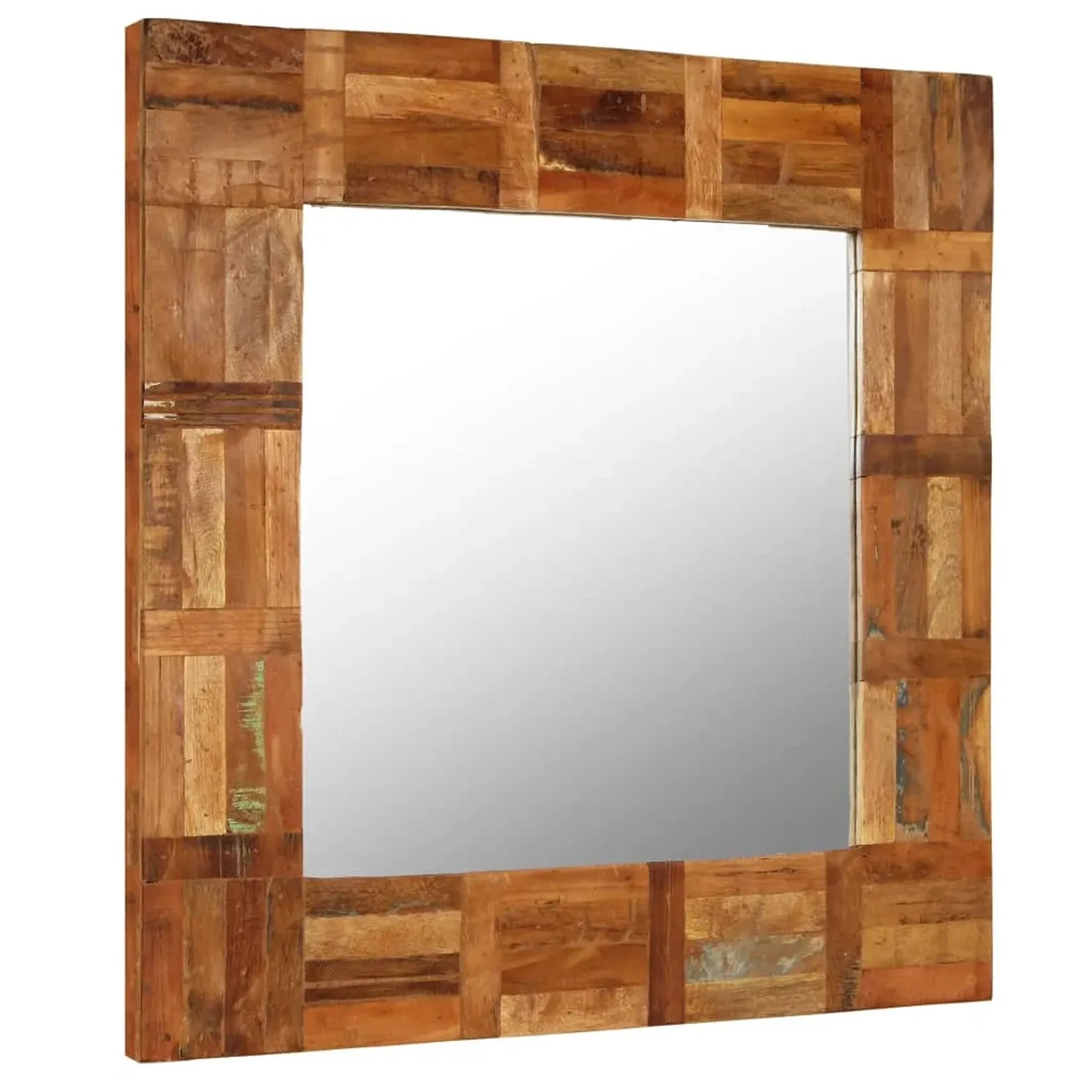 Miroir Cadre Bois Recyclé patchwork artisanal vue trois quarts gauche.