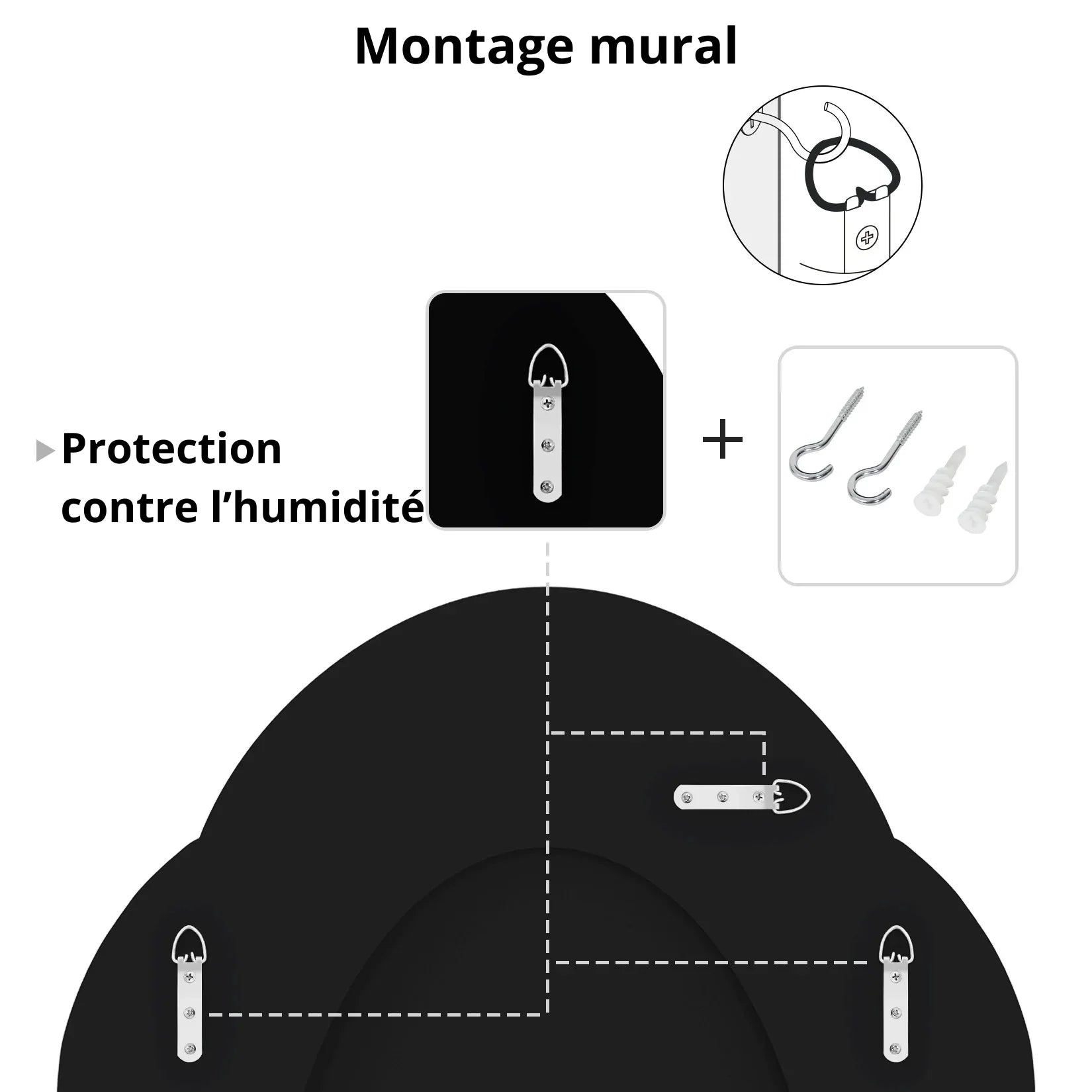 Miroir cadre diamant système fixation murale.
