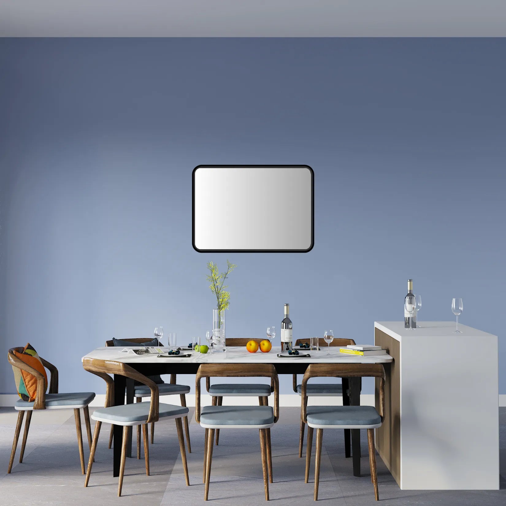 Miroir cadre noir rectangulaire dans salle à manger bleue avec table en bois et chaises design.