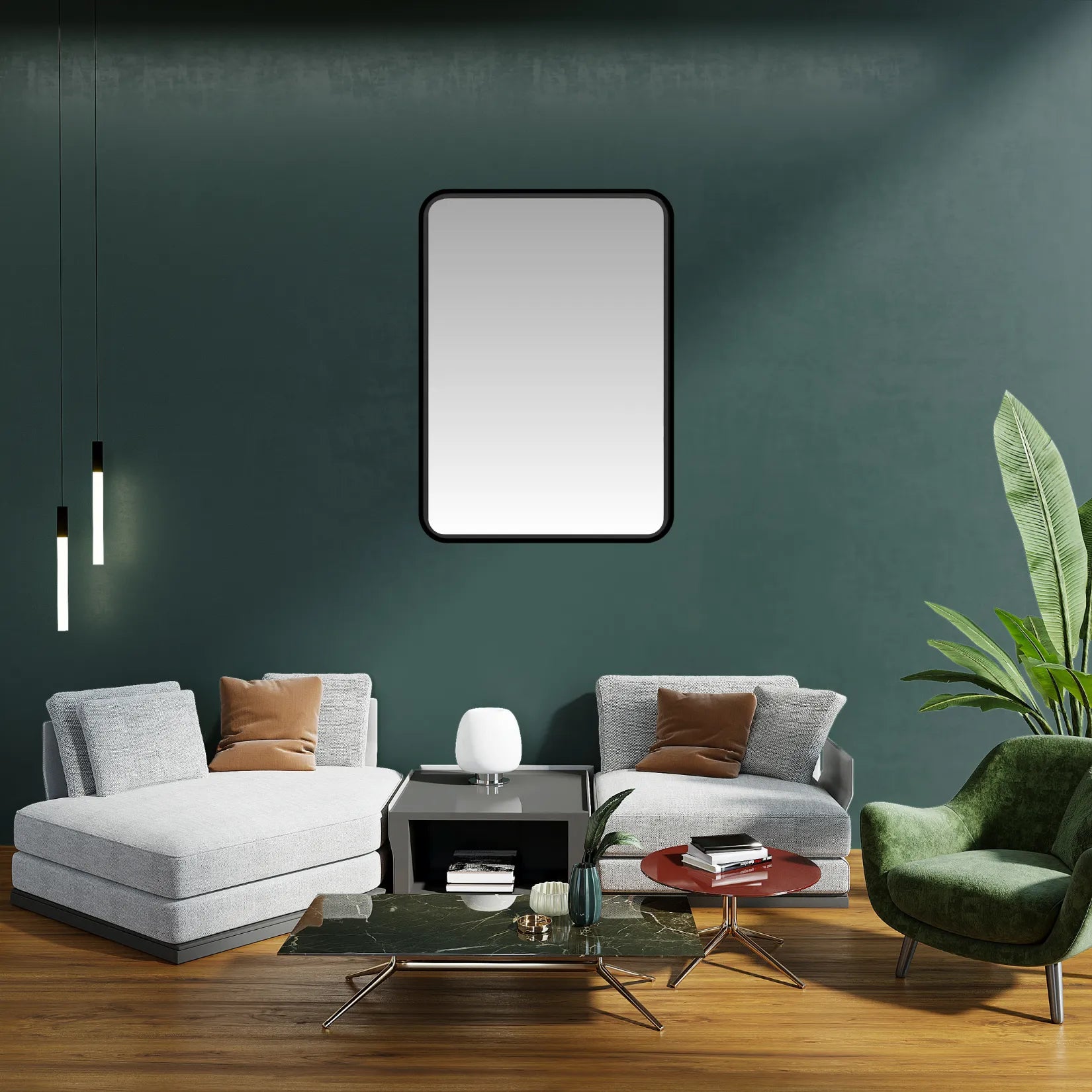 Miroir cadre noir rectangulaire dans salon design avec mur vert profond et mobilier contemporain.