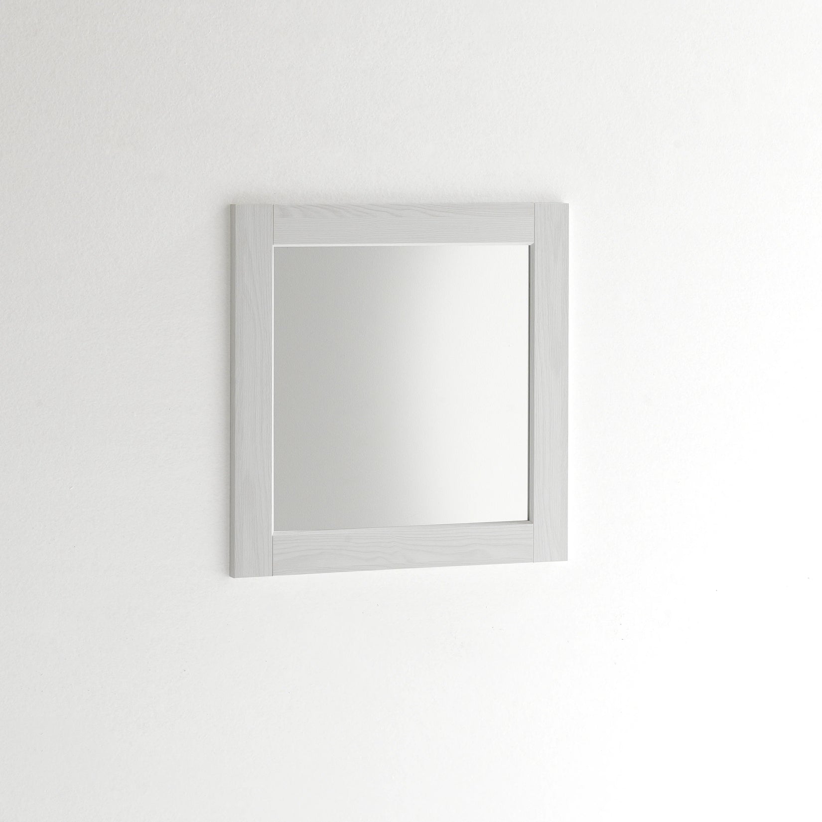 Vue de face du miroir carré 60x60 cm avec cadre blanc décor chêne clair.