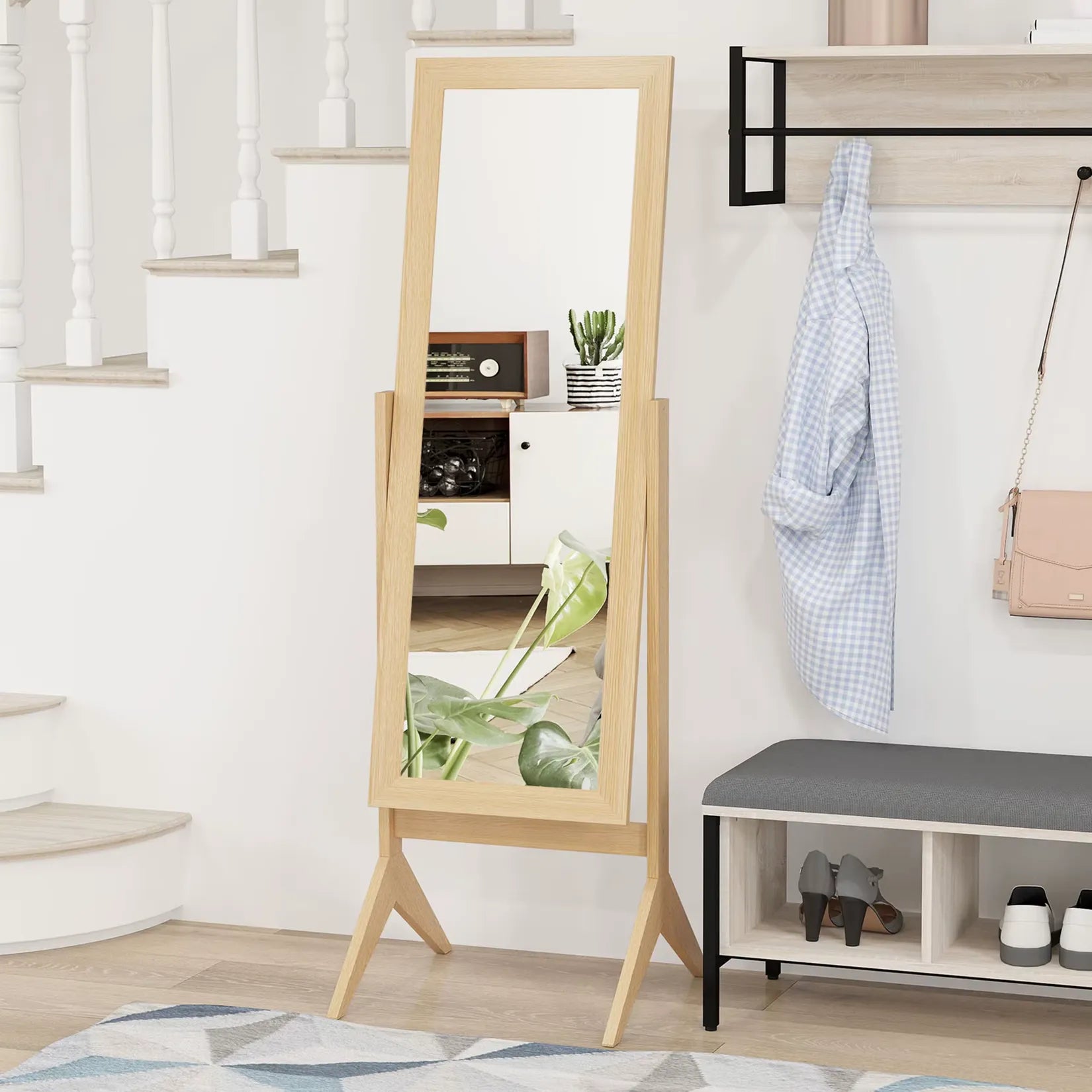 Miroir Chêne sur Pied 148 cm entrée couloir style scandinave naturel.