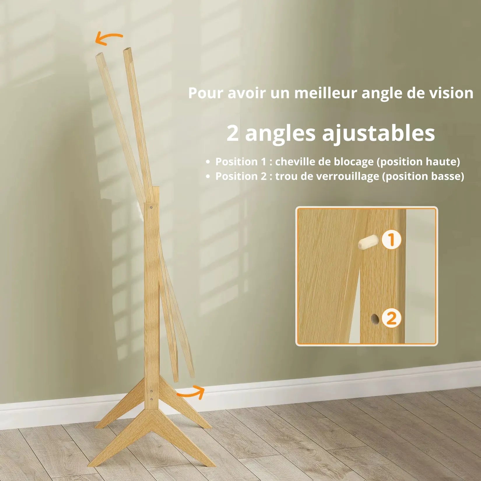 Miroir Chêne sur Pied 148 cm inclinable 2 positions angles ajustables.