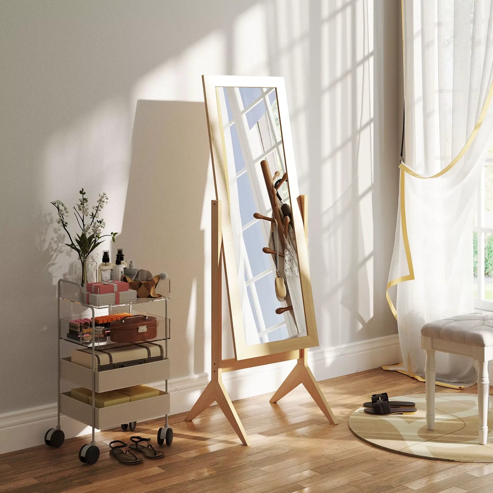 Miroir Chêne sur Pied dressing chambre lumière naturelle ambiance claire.