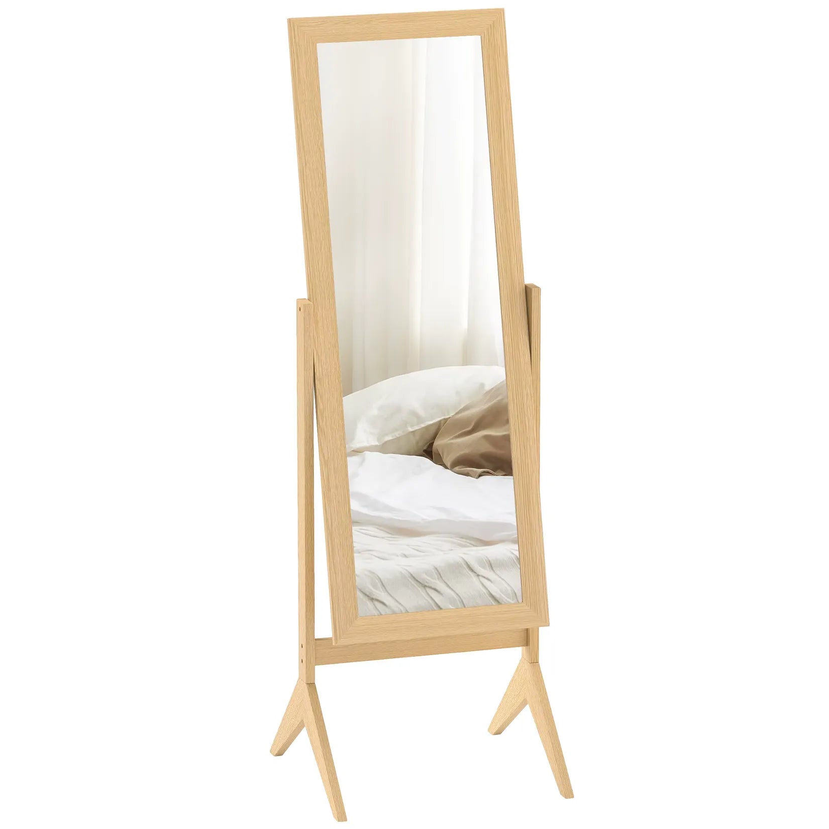 Miroir Chêne sur Pied pleine longueur chambre vue trois quarts.