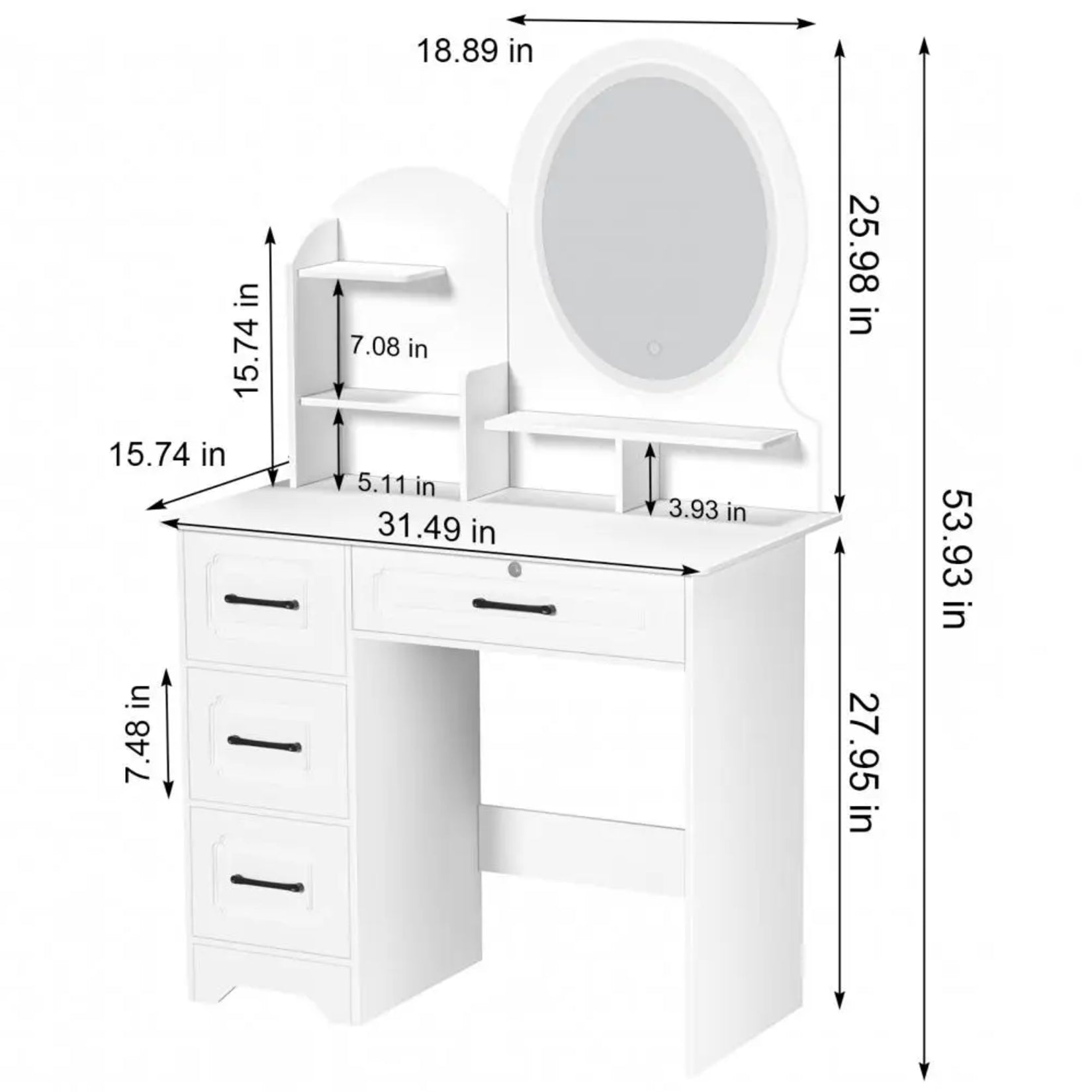 Schéma détaillé des dimensions complètes de la Miroir Coiffeuse LED blanche avec miroir.