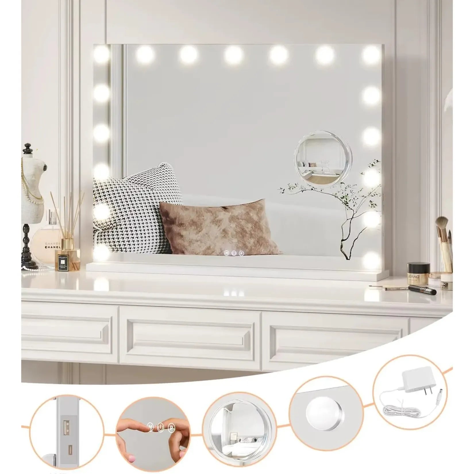 Miroir coiffeuse lumineux 17 ampoules LED blanc sur table maquillage.