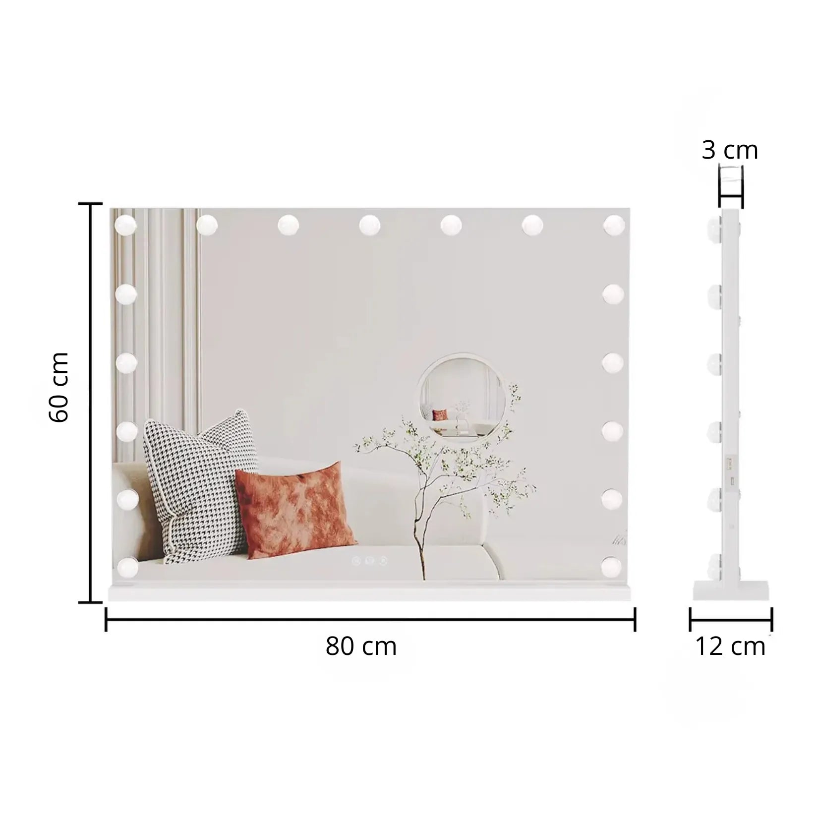 Miroir coiffeuse lumineux dimensions 80x60 cm vue de face et profil.
