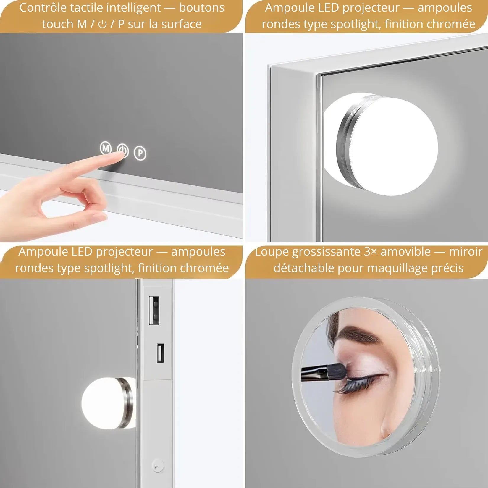 Miroir coiffeuse lumineux détail USB loupe 3x et ampoule LED spotlight.