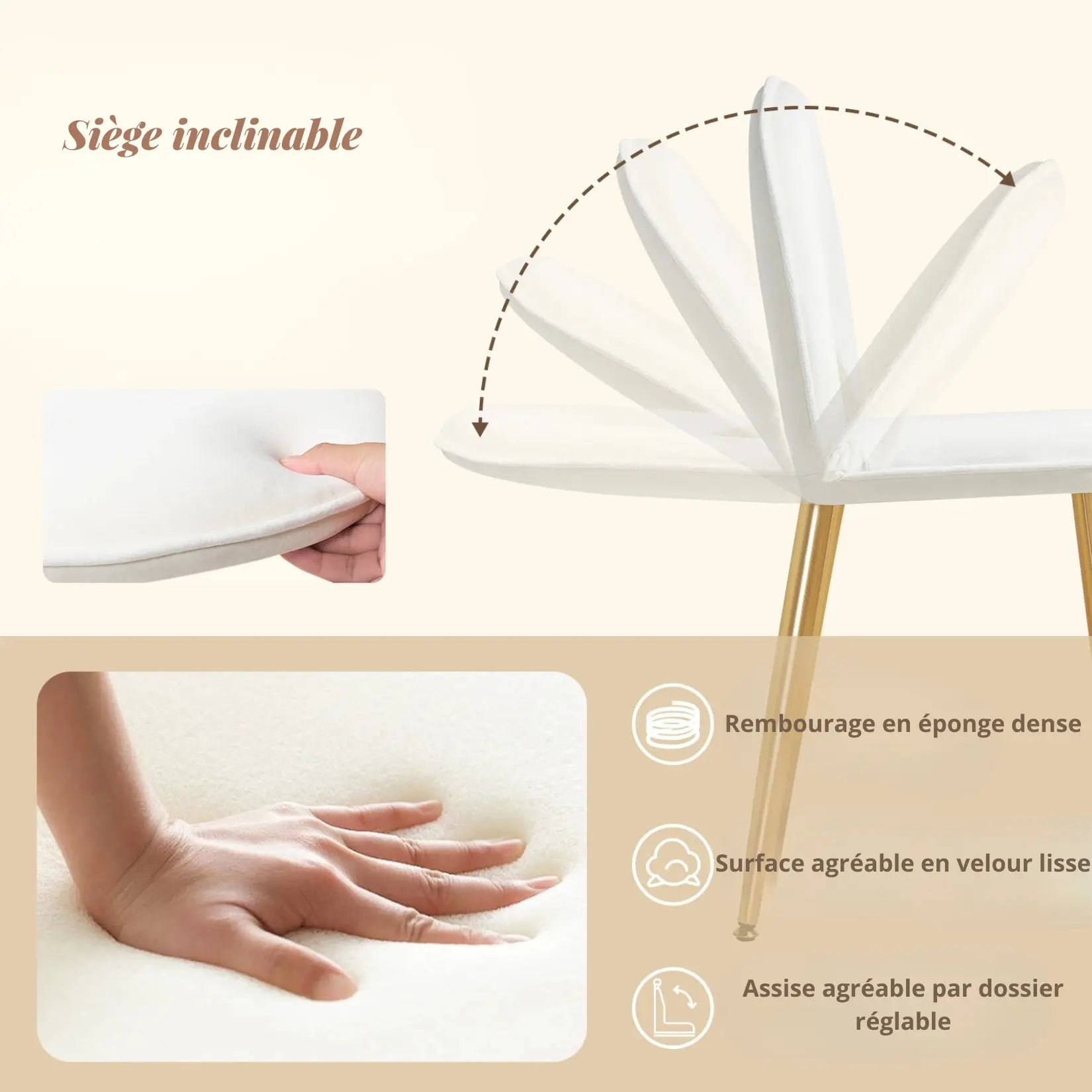 Chaise inclinable de la coiffeuse avec rembourrage en velours doux.