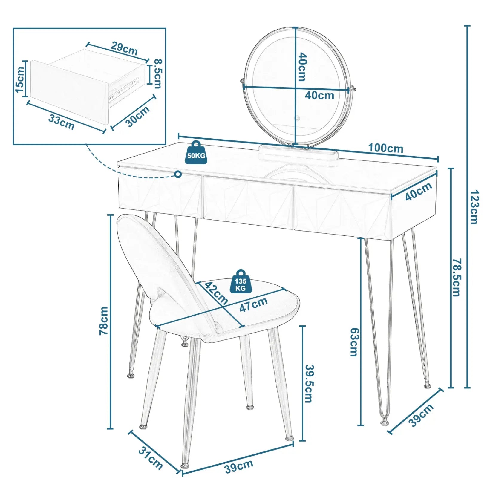 Dimensions complètes de la coiffeuse avec miroir, tiroirs et chaise.