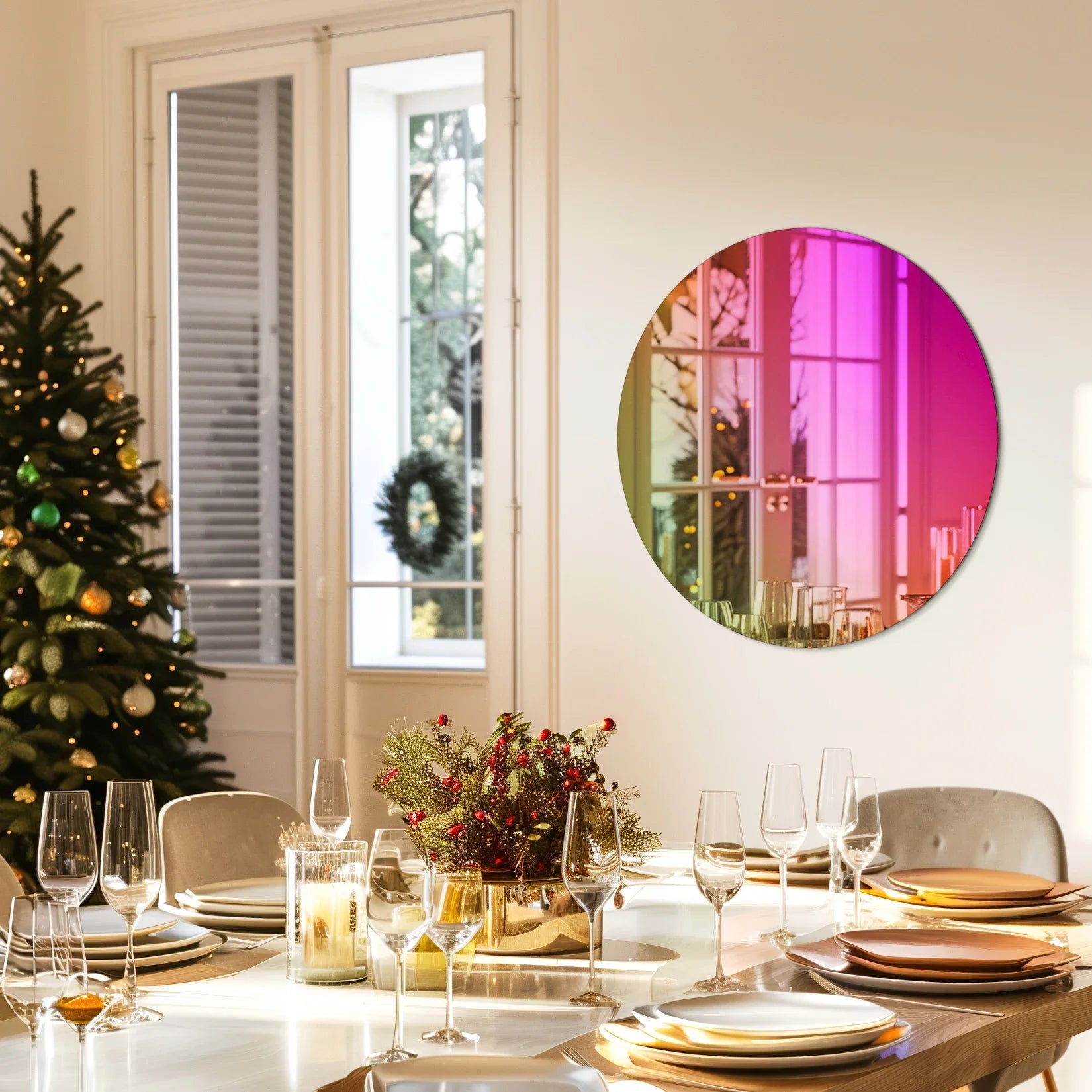 Miroir coloré effet rose salle à manger Noël.