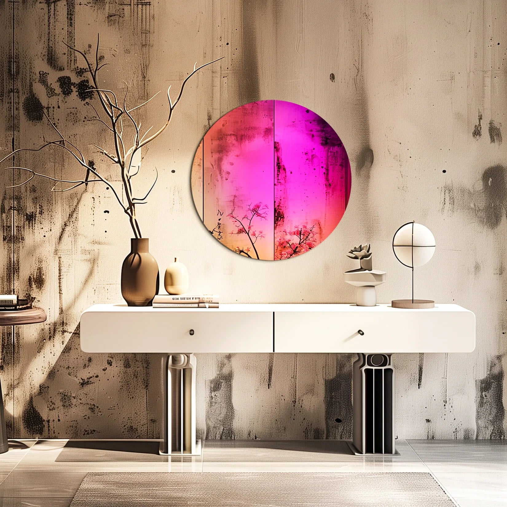 Miroir coloré rond console design contemporain.