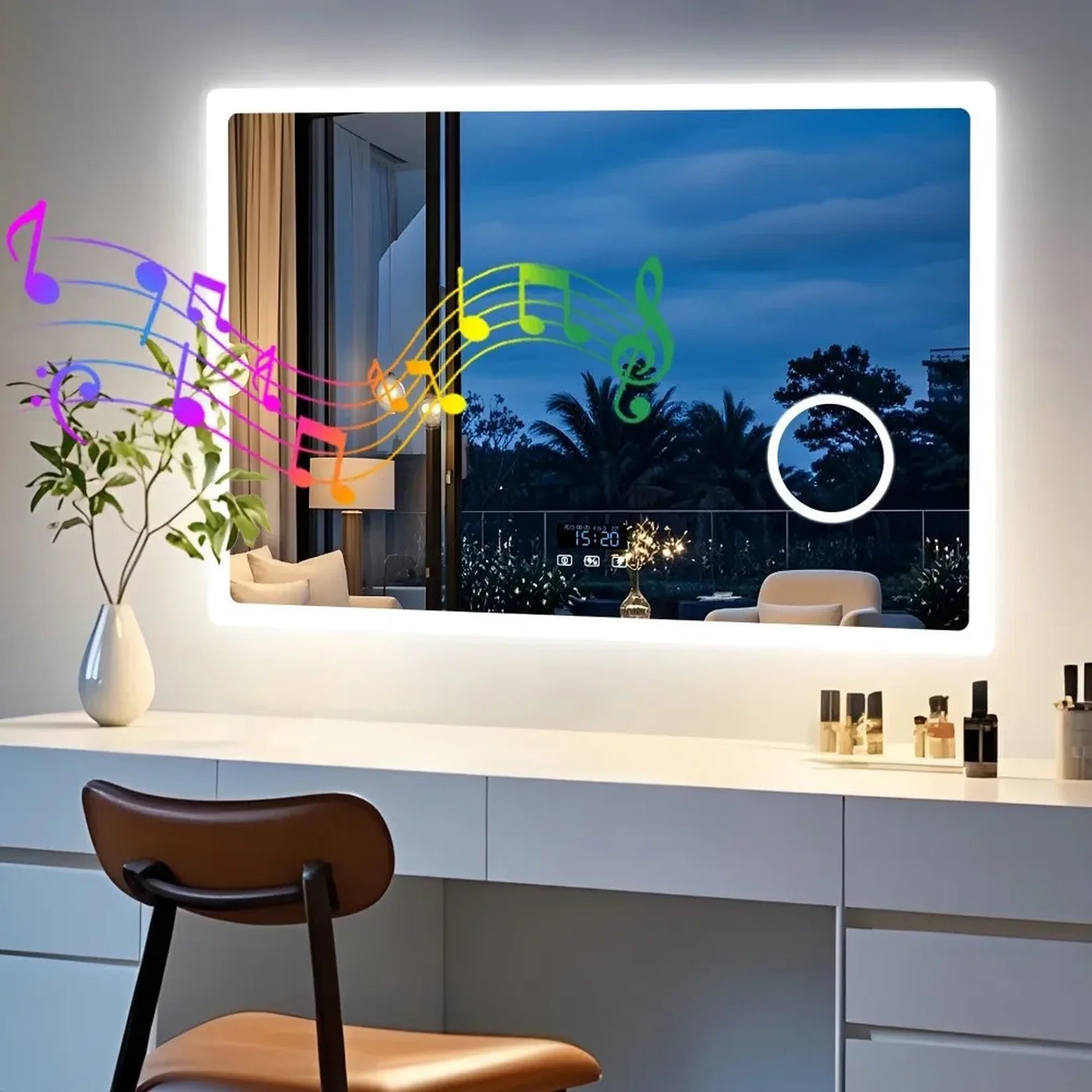Miroir connecté utilisé sur coiffeuse avec Bluetooth.