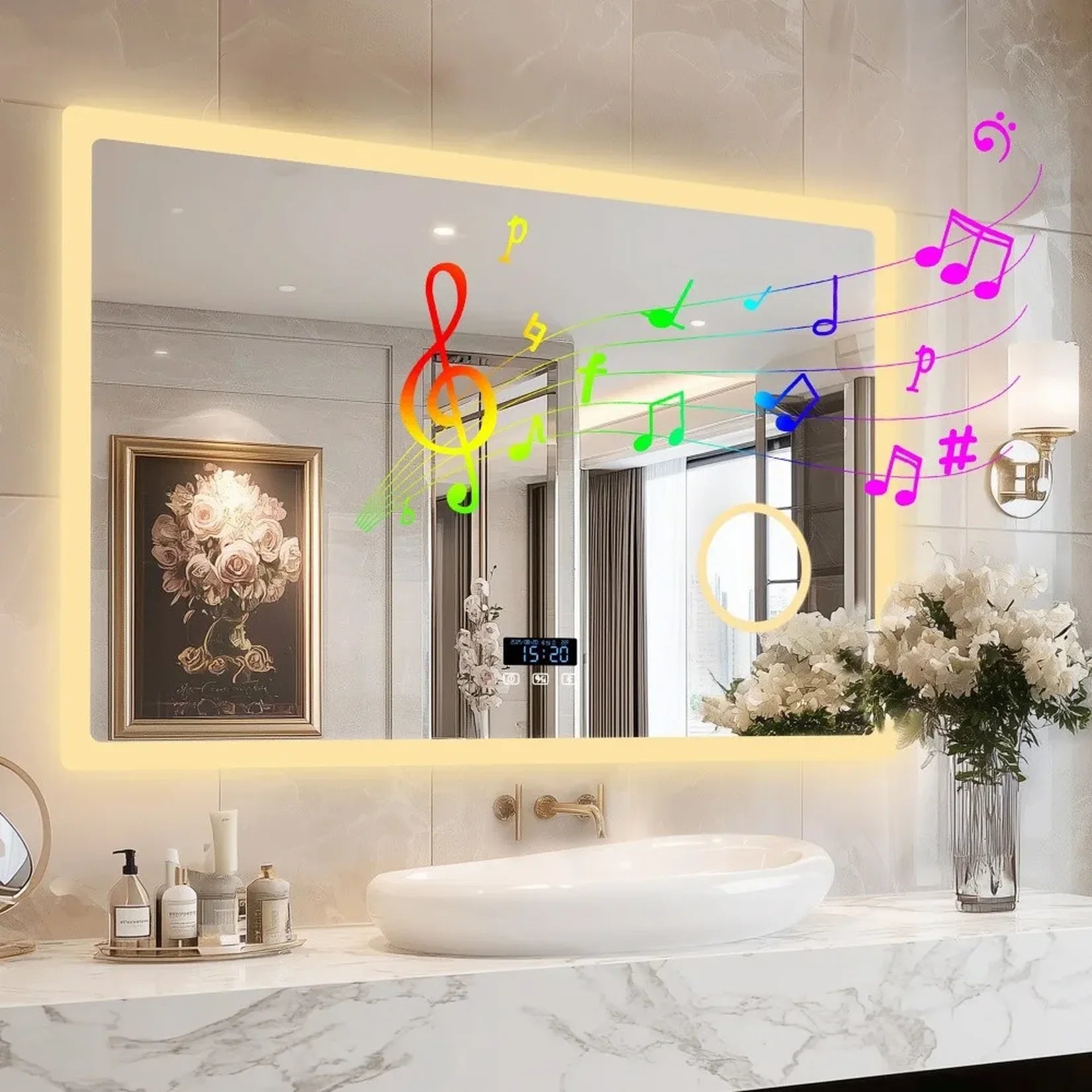 Miroir connecté avec éclairage LED blanc chaud.