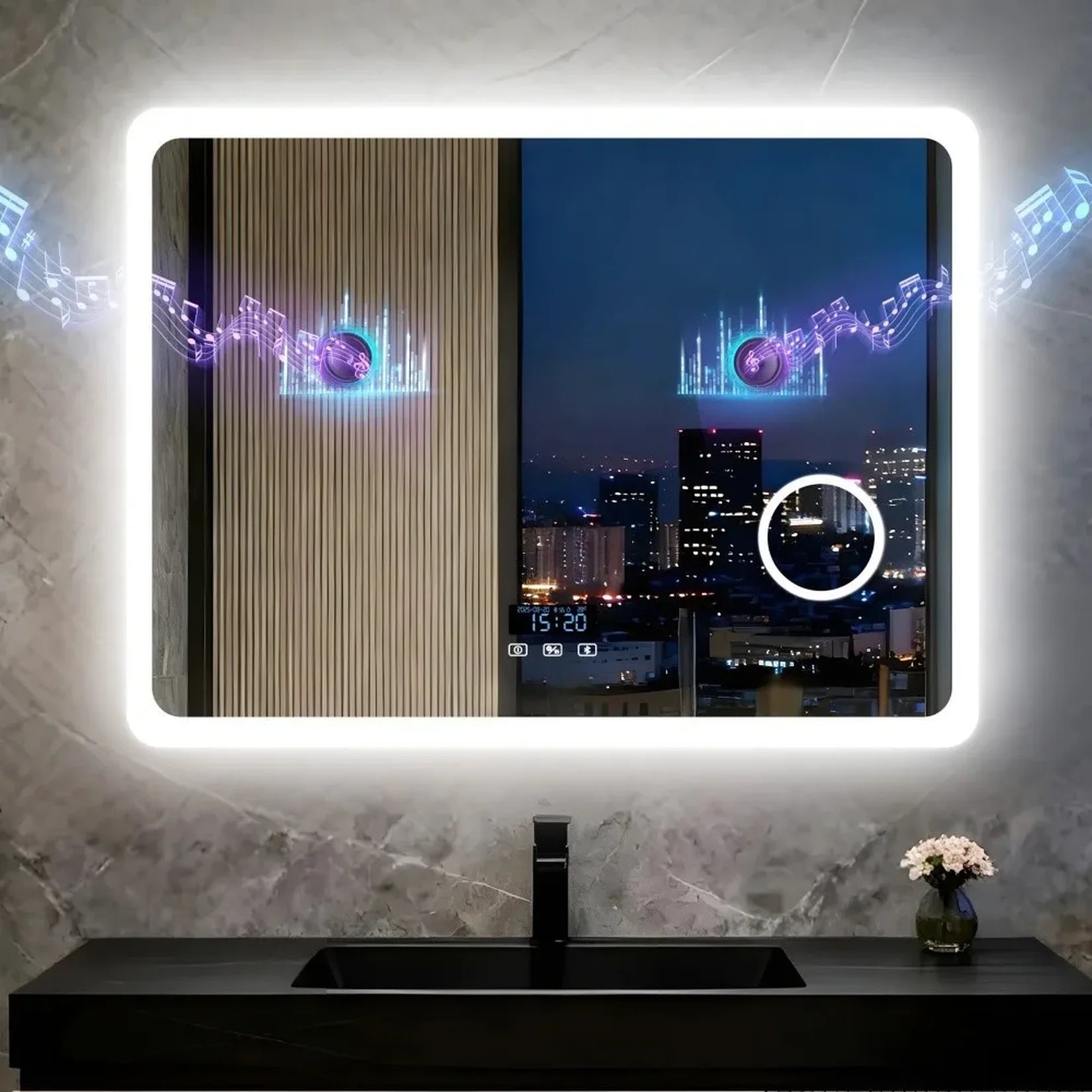 Miroir connecté avec éclairage LED ambiance nuit.