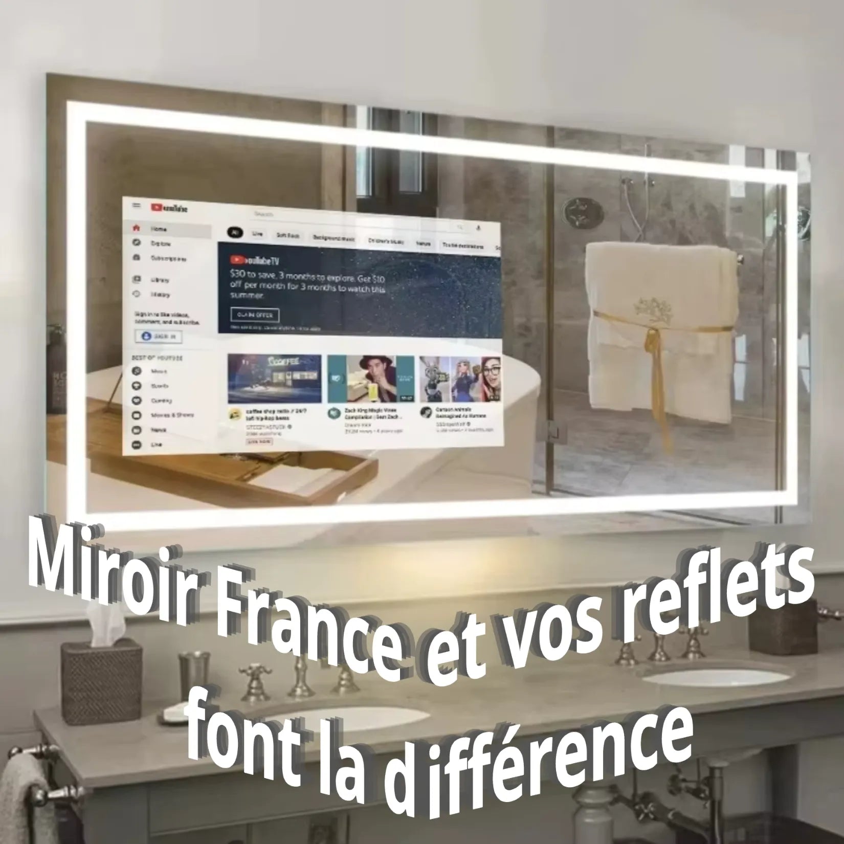 Miroir connecté LED rétroéclairé au-dessus double vasque salle de bain.