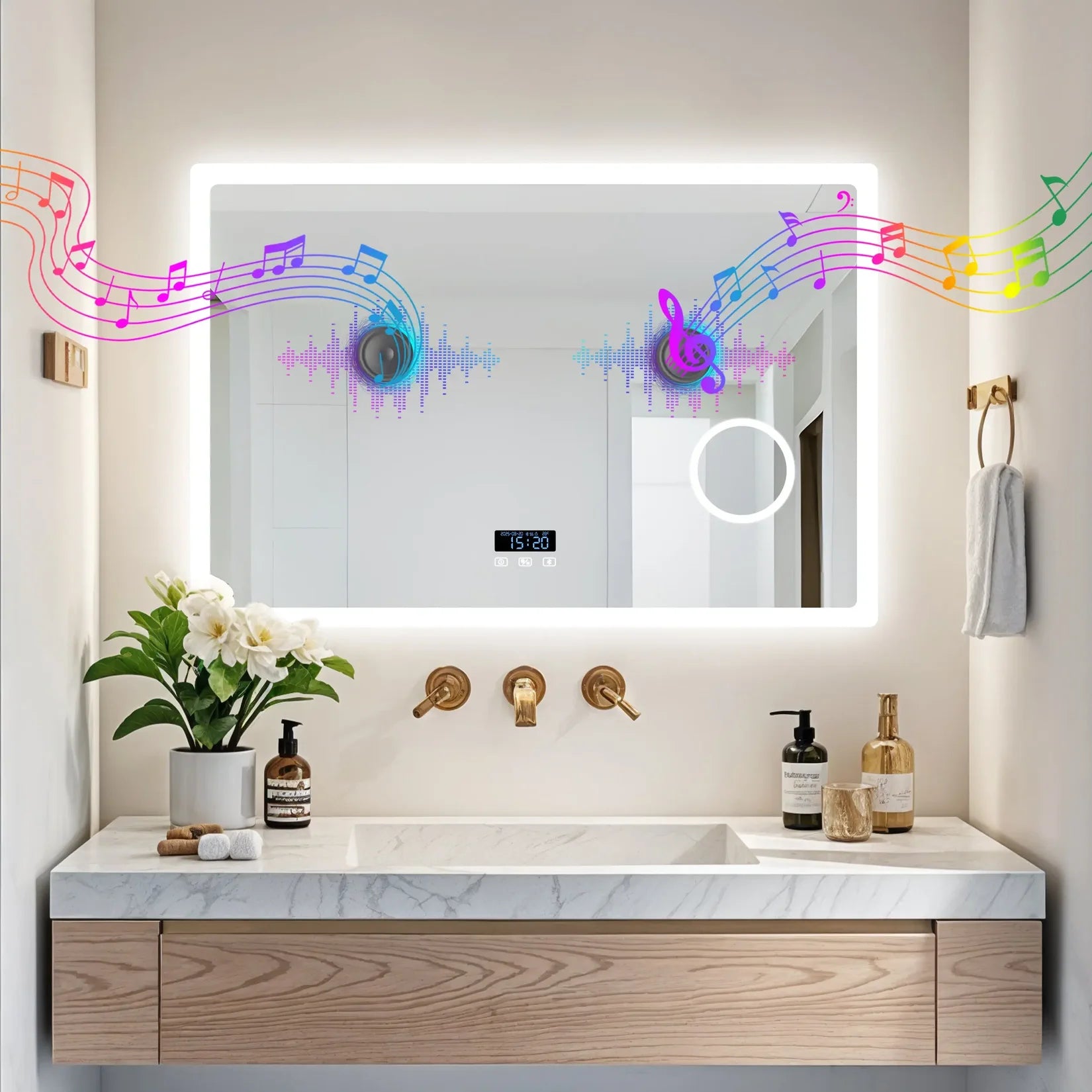 Miroir connecté dans une salle de bain moderne avec enceinte Bluetooth.