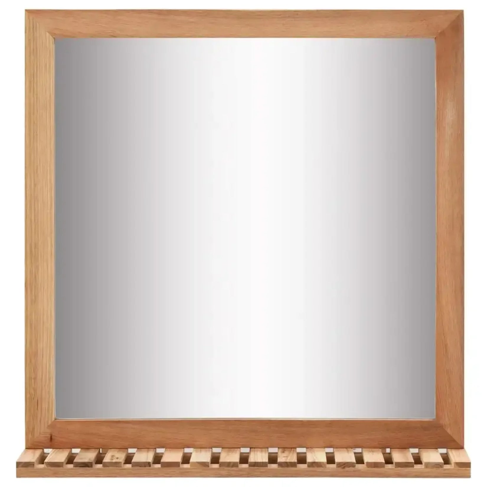 Vue frontale du miroir contour bois carré avec tablette, finition naturelle en noyer massif.